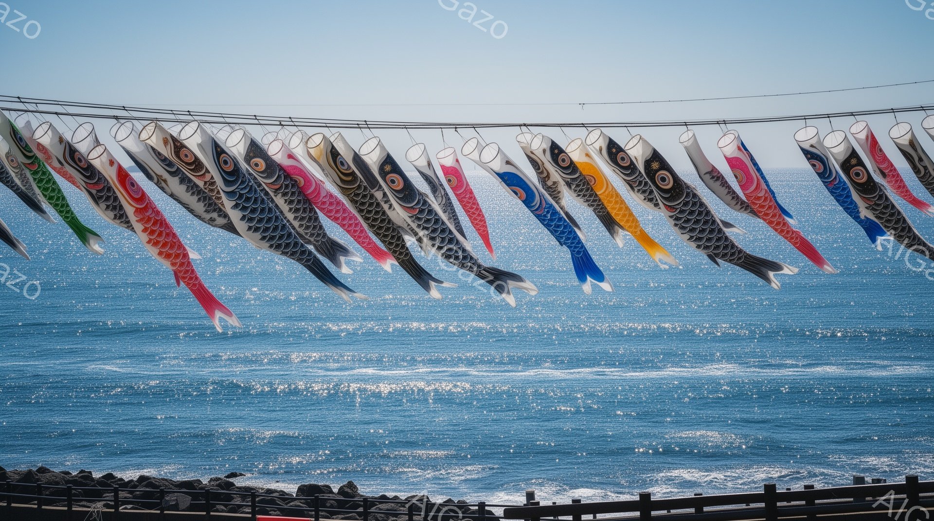 青い空の下、海の上に鯉のぼりがたくさん並んで飛んでいます。鯉のぼりは赤、青、黒、白など様々な色で、波のきらめきと合わせて、子供の成長を祝うお祭りや春の暖かさを感じさせる景色です。手前に見えるのは黒い岩と柵で、全体的に穏やかで明るい雰囲気です。