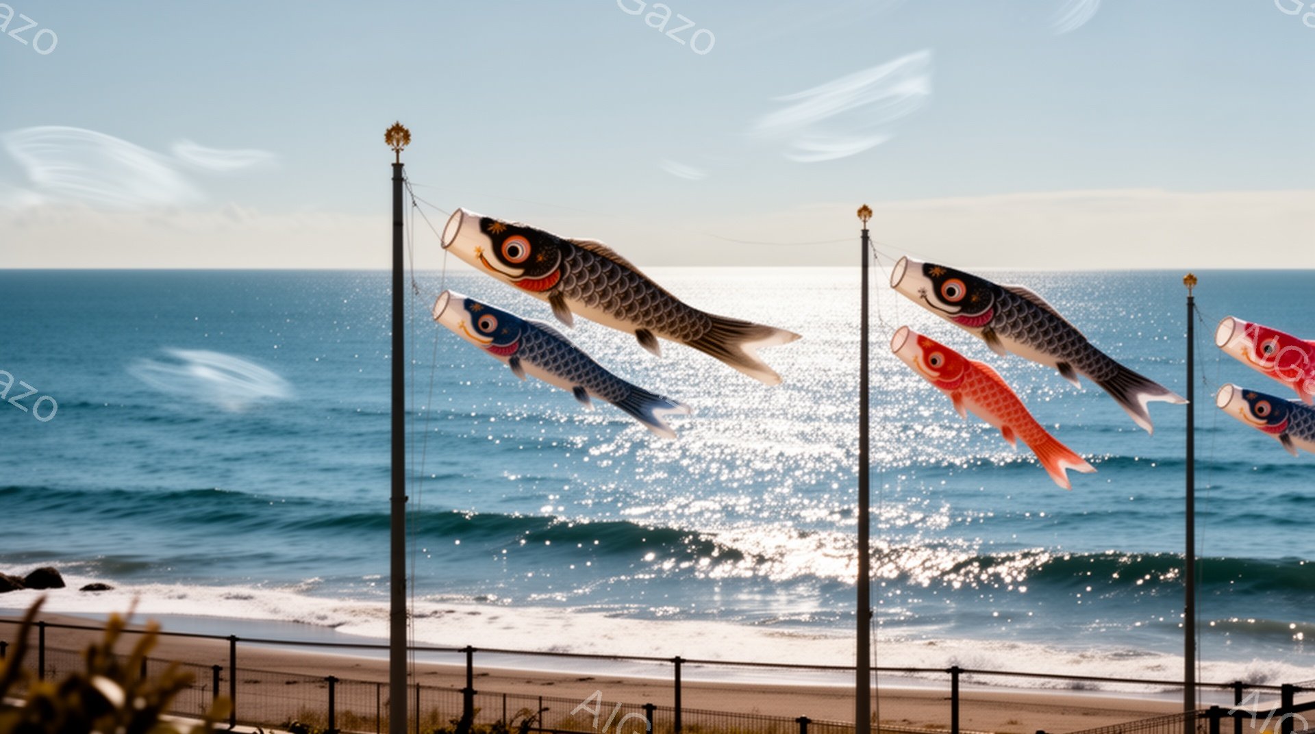 青空の下、海辺に鯉のぼりが並んで空を泳いでいる。波がキラキラと輝き、遠くには穏やかな海が広がっている。鯉のぼりは赤、黒、青など様々な色で、春の暖かな雰囲気を感じさせる。