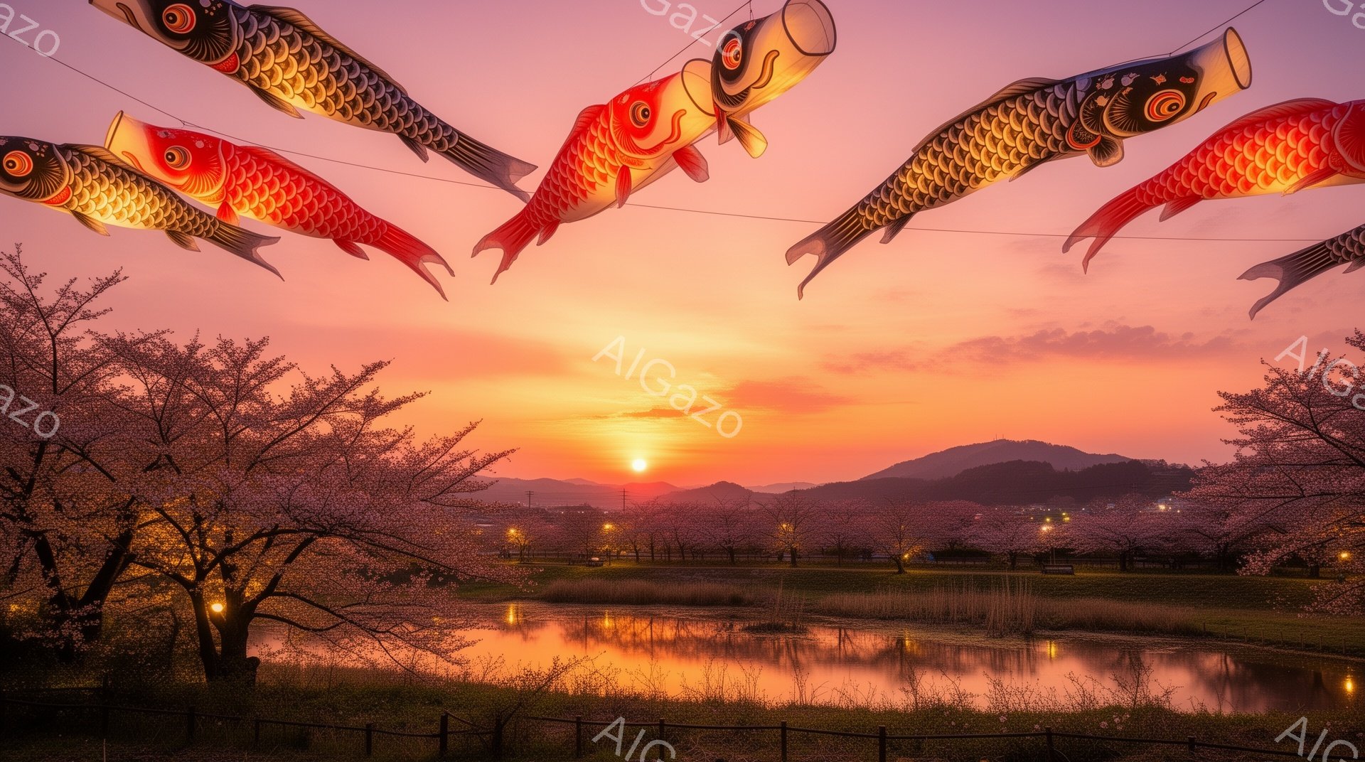夕焼け空の下、鯉のぼりが舞い、桜並木と池が広がる穏やかな風景です。鯉のぼりは鮮やかなオレンジ色で、夕焼けに照らされて美しく輝いています。背景には山々が連なり、春の暖かさと安らぎを感じさせる情景です。 - AI生成フリー素材