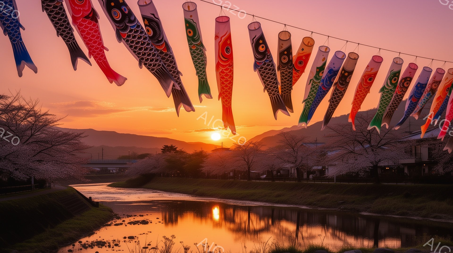 鮮やかな鯉のぼりが夕焼け空の下、川の上を整然と並んで泳いでいるように見える。川は穏やかに流れ、その表面は夕焼けの色を反射してオレンジ色に輝き、周囲の桜並木と山々がシルエットで描かれている。全体的に、春の暖かく、平和で、お祭り気分を感じさせる情景である。