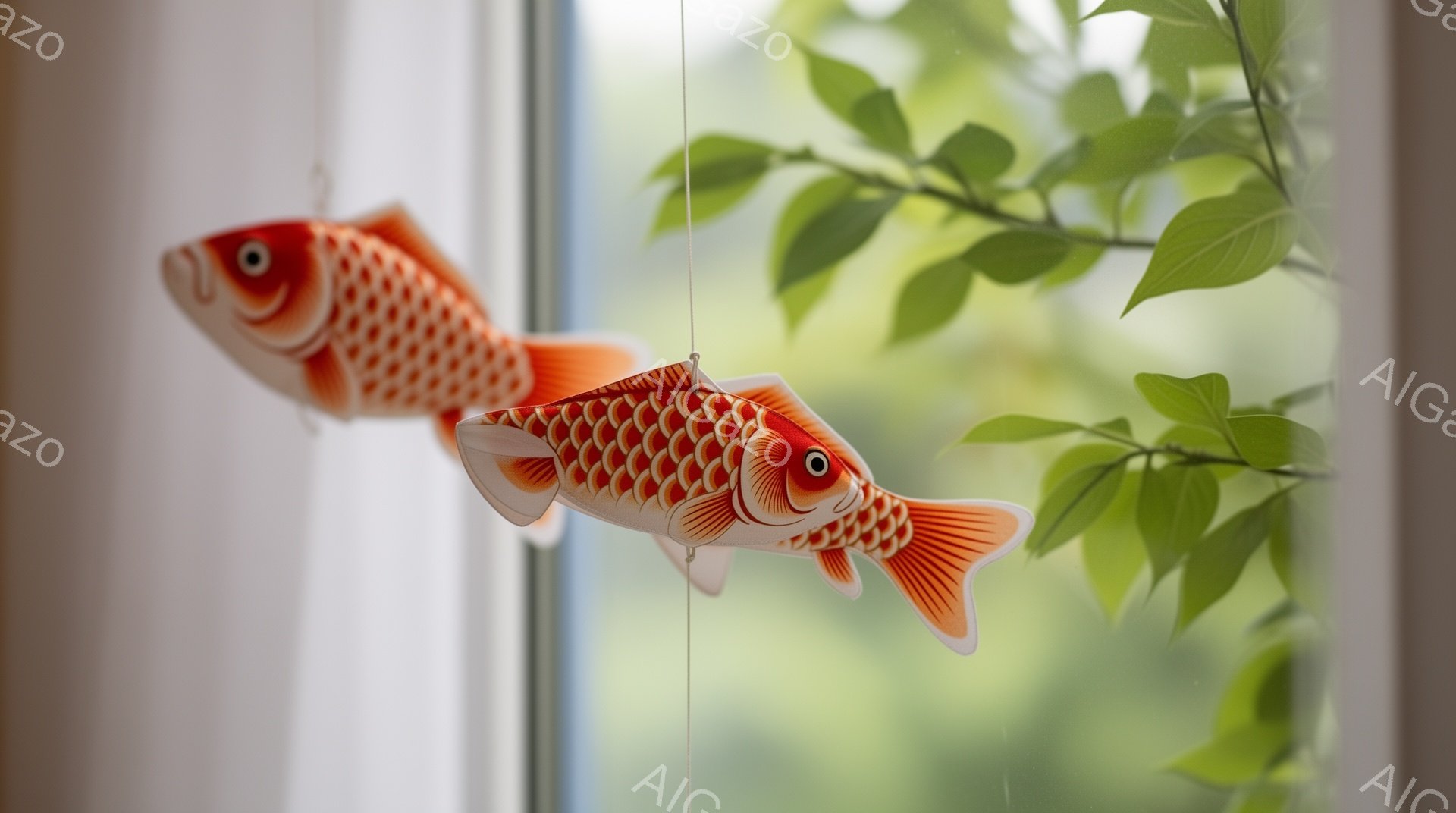 鮮やかなオレンジ色の鯉の形の飾り物が、白い糸で窓辺に吊り下げられています。背景には緑豊かな木々が見え、自然光が差し込み、穏やかで暖かい雰囲気を醸し出しています。鯉の模様は精巧で、日本の伝統的な工芸品を彷彿とさせます。