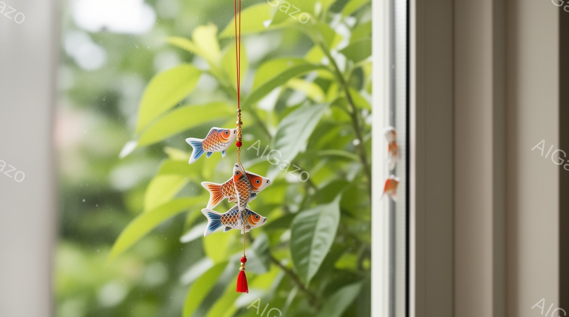 鮮やかな色の鯉の飾り物が窓辺に吊り下げられています。鯉は三匹重ねており、それぞれ異なる色合いで、赤色の房飾りが付いています。背景には緑豊かな植物が見え、明るい光が差し込み、穏やかで自然な雰囲気を醸し出しています。