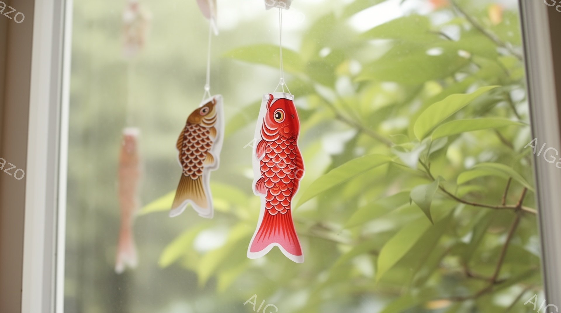 鮮やかな鯉の形をした飾り物が、白い糸で窓から吊るされています。背景には緑豊かな葉がぼやけて写り、自然光が差し込み、穏やかで平和な雰囲気を醸し出しています。鯉は赤と金色の色合いで、日本の伝統的なお祭りや行事を連想させます。