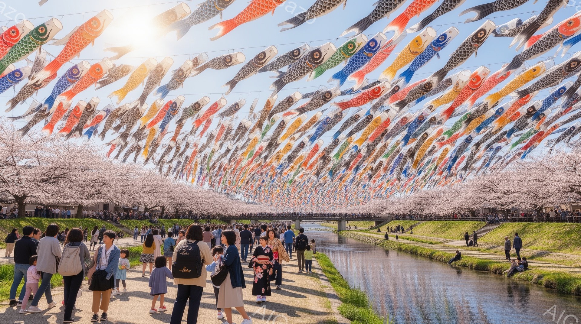 鯉のぼりが空いっぱいに飾られた春の風景です。人々はカジュアルな服装で、散歩を楽しんだり、写真を撮ったりしています。背景には川と桜並木が広がり、暖かく穏やかな春の日の雰囲気が伝わってきます。