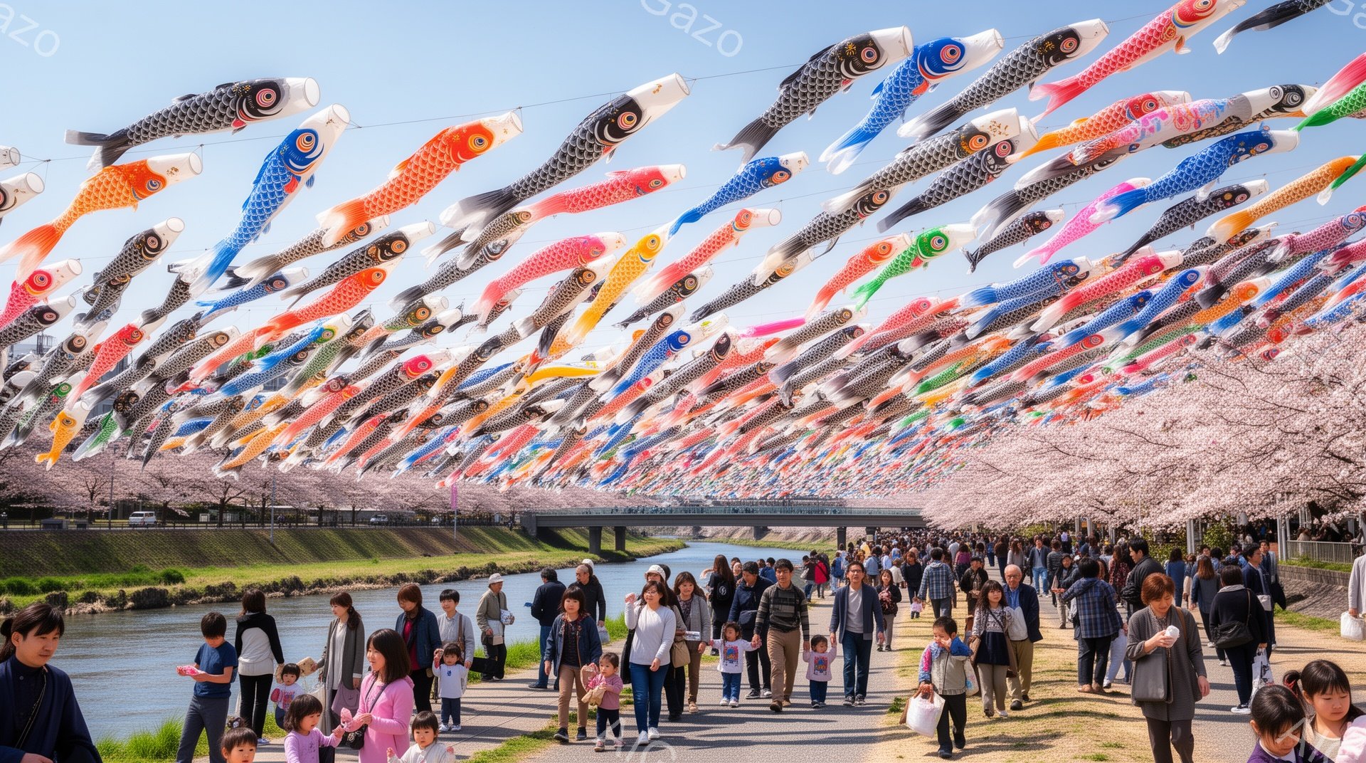川沿いに色とりどりの鯉のぼりが空中に並び、春の陽気を楽しむ人々で賑わっています。人々はカジュアルな服装で、子供たちは親の手を握り、大人たちは写真撮影を楽しんだり、ゆっくりと散歩したりしています。背景には桜並木と川が広がり、穏やかで暖かい春の日の雰囲気が伝わってきます。