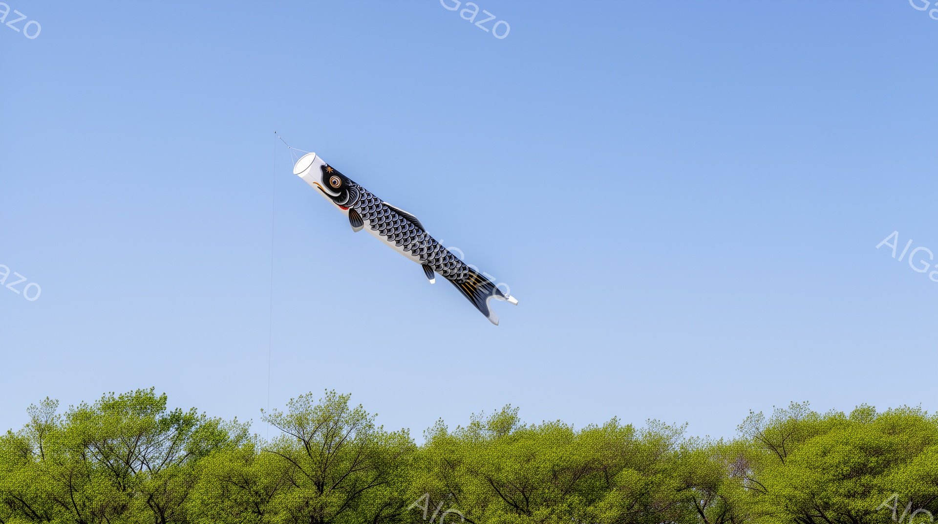 空には、鮮やかな鯉のぼりが高く舞っている。緑豊かな木々の葉が背景に広がり、青空とのコントラストが美しい。春の穏やかな日差しの中で、鯉のぼりは力強く泳ぎ、希望に満ちた雰囲気を醸し出している。 - AI生成フリー素材