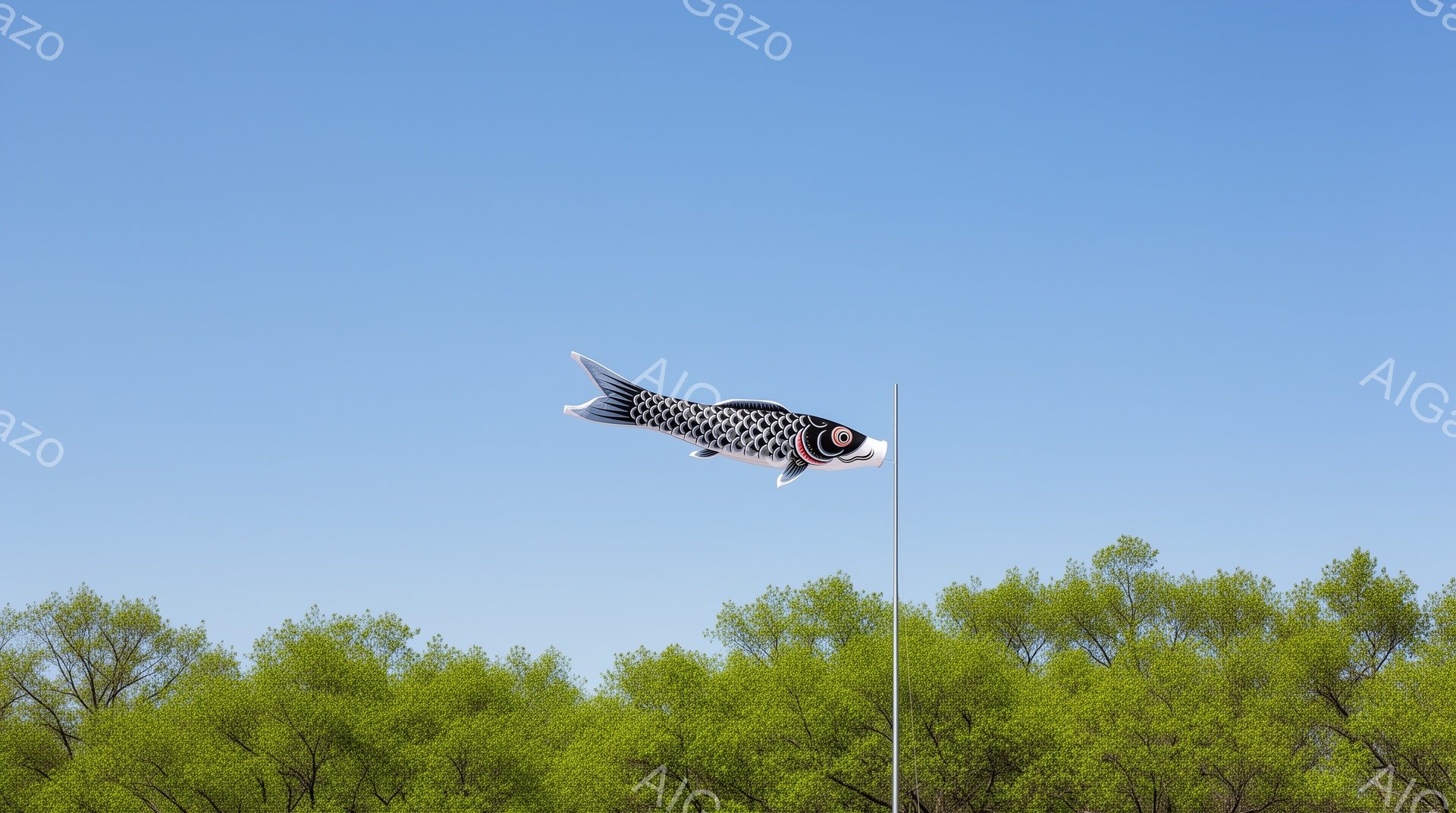 鮮やかな空を背景に、鯉のぼりが一本のポールに吊り下げられています。鯉は黒と白の模様で、丸い赤い目が特徴的で、風を受けて力強く泳いでいるように見えます。下には緑豊かな木々が広がり、春の暖かな日差しを感じ - AI生成フリー素材