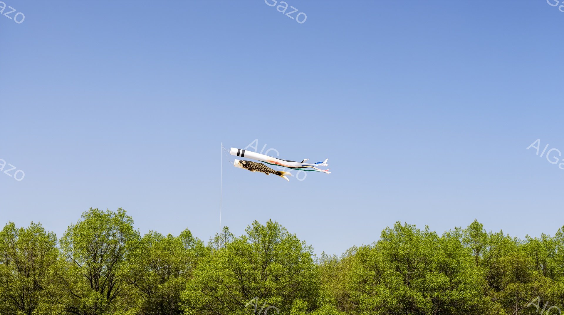 鮮やかな鯉の形をした凧が二つ、青空を高く舞っている。凧はそれぞれ異なる模様で、一つは赤と白の縞模様、もう一つは黒と白の模様が特徴的だ。凧の下には緑豊かな木々が広がり、春の穏やかな空気に包まれている。