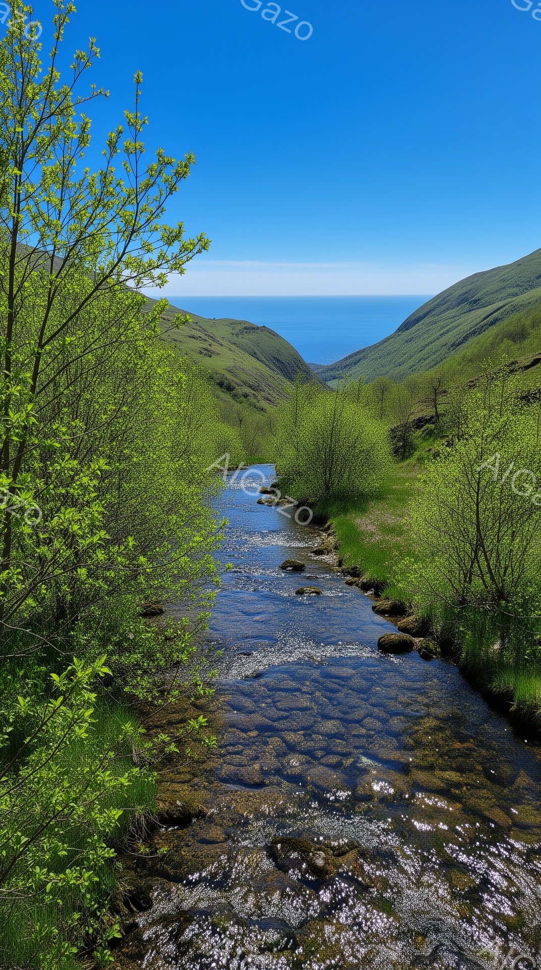 鮮やかな緑の丘に囲まれた、細い小川が流れています。空は澄み切った青色で、遠くには海が見え、穏やかで平和な雰囲気です。小川の周りの草木は新緑に満ち溢れ、春の訪れを感じさせる景色です。