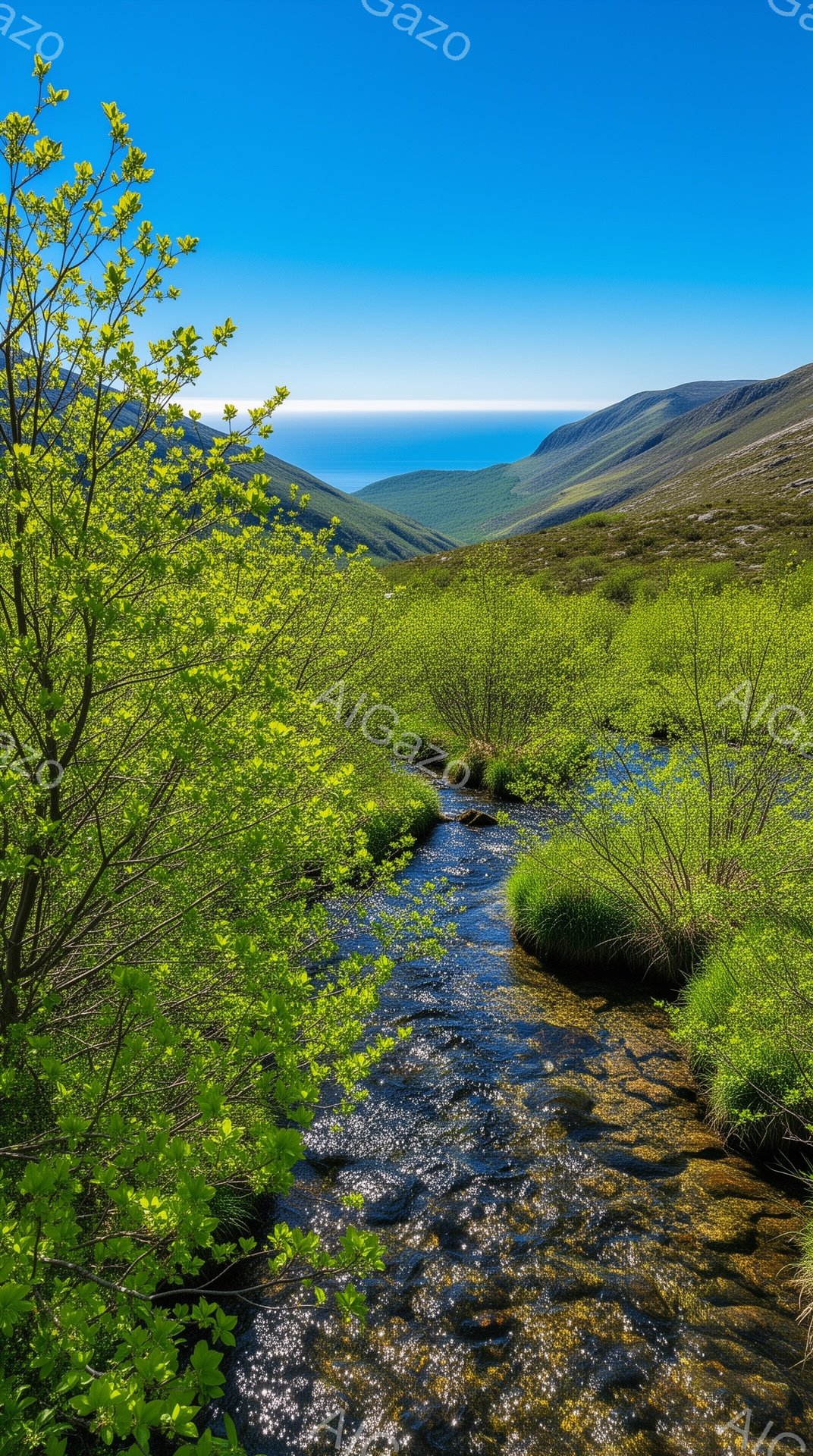 澄み切った青空の下、緑豊かな山間に細い川が流れている風景だ。川は岩の間をキラキラと輝きながら流れ、両岸には鮮やかな緑色の草が生い茂っている。遠くには穏やかな海が見え、手付かずの自然が広がる静かで美しい - AI生成フリー素材