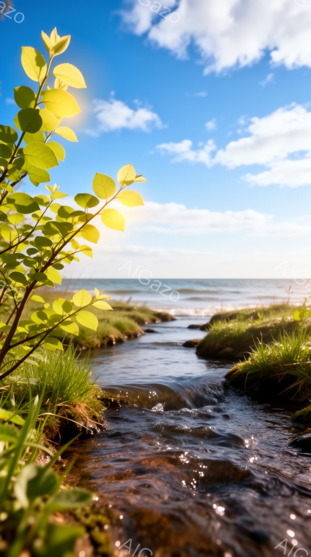 浅い小川が緑豊かな草地を縫って流れ、遠くには穏やかな海と青空が広がっている。川底は岩や砂利で覆われ、水は澄んで輝いている。前景には鮮やかな緑色の葉が光を浴びており、自然の美しさを際立たせている。 - AI生成フリー素材