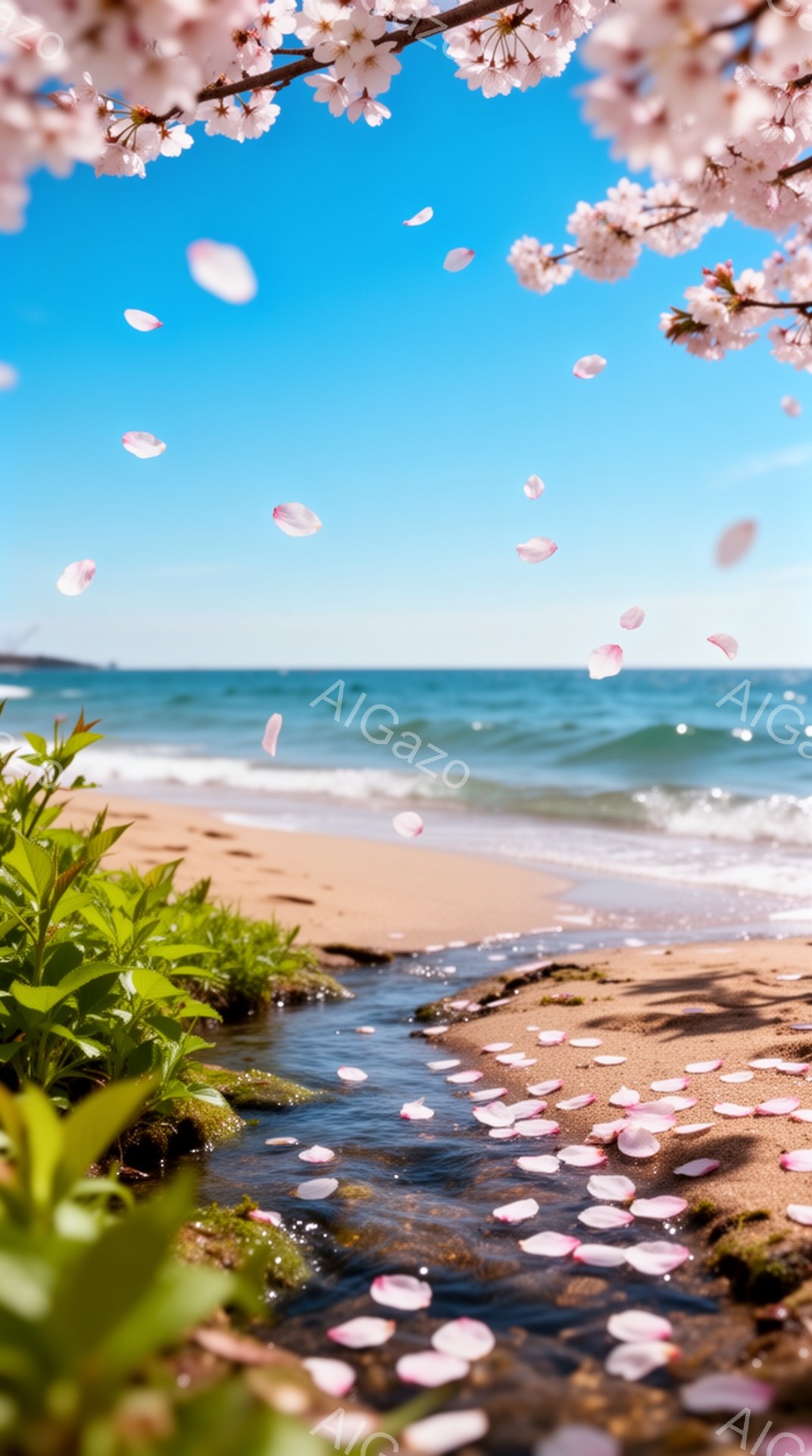 砂浜に沿って細い水路が流れ、ピンク色の桜の花びらが空から舞い落ちています。青い空と穏やかな海が広がり、自然の美しさと静けさが感じられる、春の穏やかな風景です。緑の草が水路の縁を彩り、全体的に穏やかで平 - AI生成フリー素材
