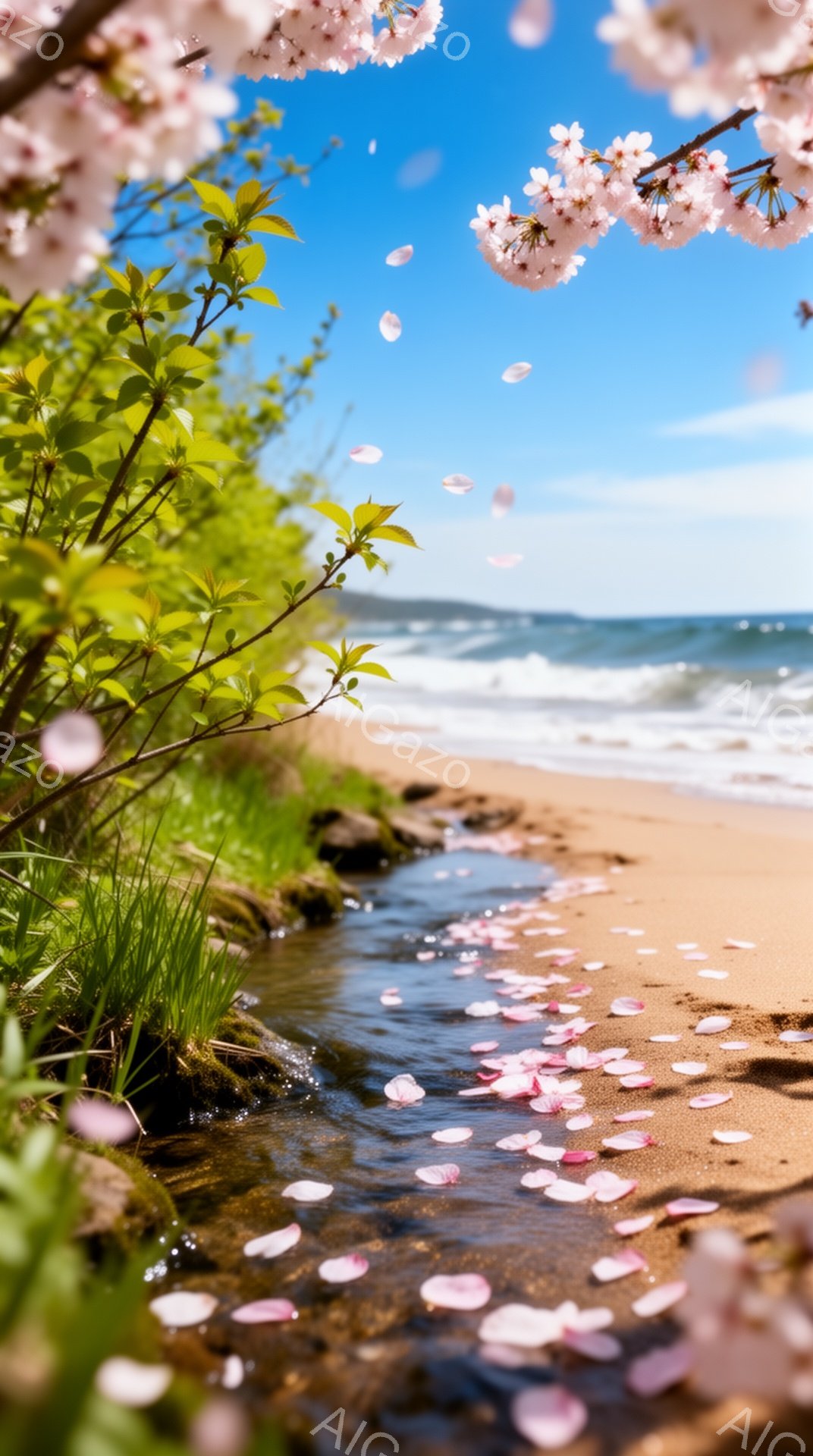 海岸近くを流れる小川のほとりに、桜の花びらが舞い散っている美しい風景です。青空と白い波、砂浜のコントラストが鮮やかで、春の穏やかな息吹を感じさせます。川の周りの緑と桜のピンク色が、暖かく優しい雰囲気を醸し出しています。