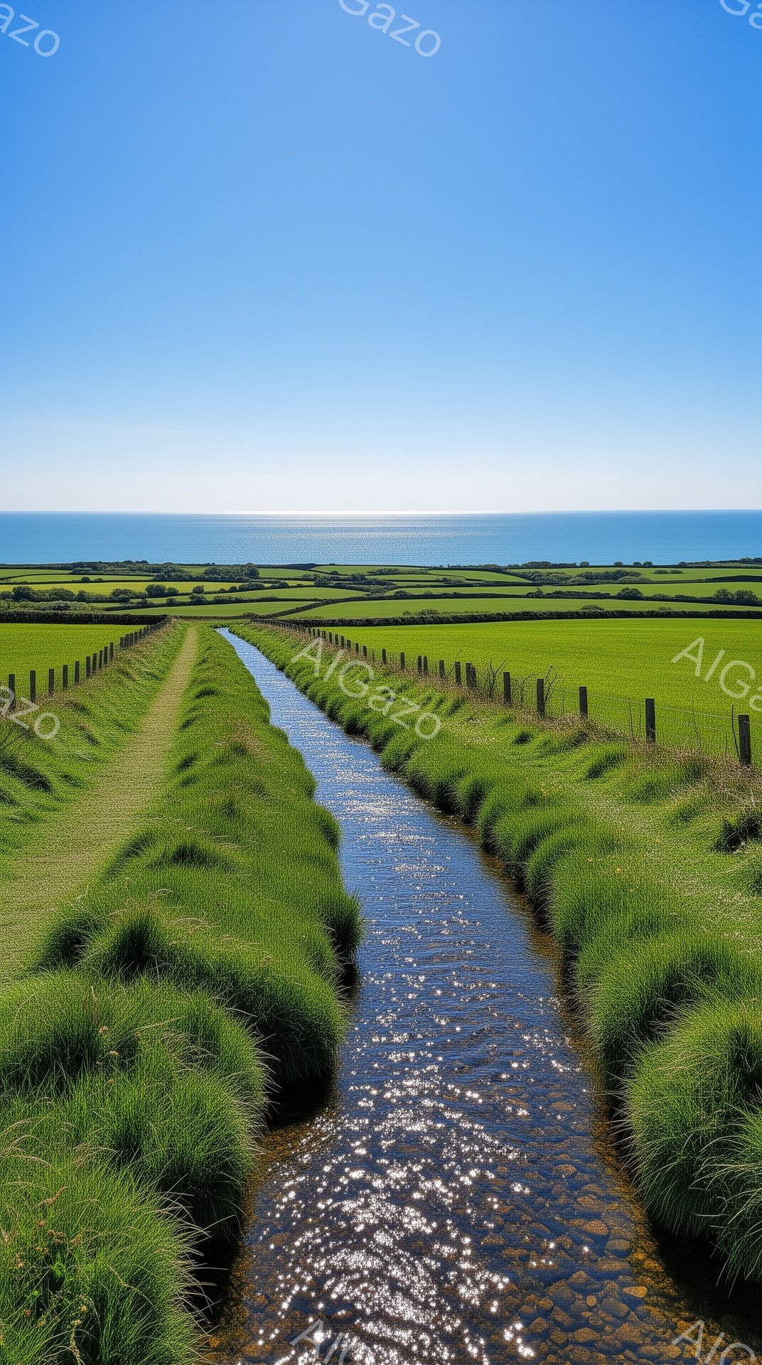 広大な緑の牧草地の中を、細い水路が蛇行して流れている。水路の両脇には緑豊かな草が生い茂り、遠くには青い海と空が広がり、穏やかな晴天が広がっている。牧草地には、細い木の柵が規則的に並び、水路の境界を示している。
