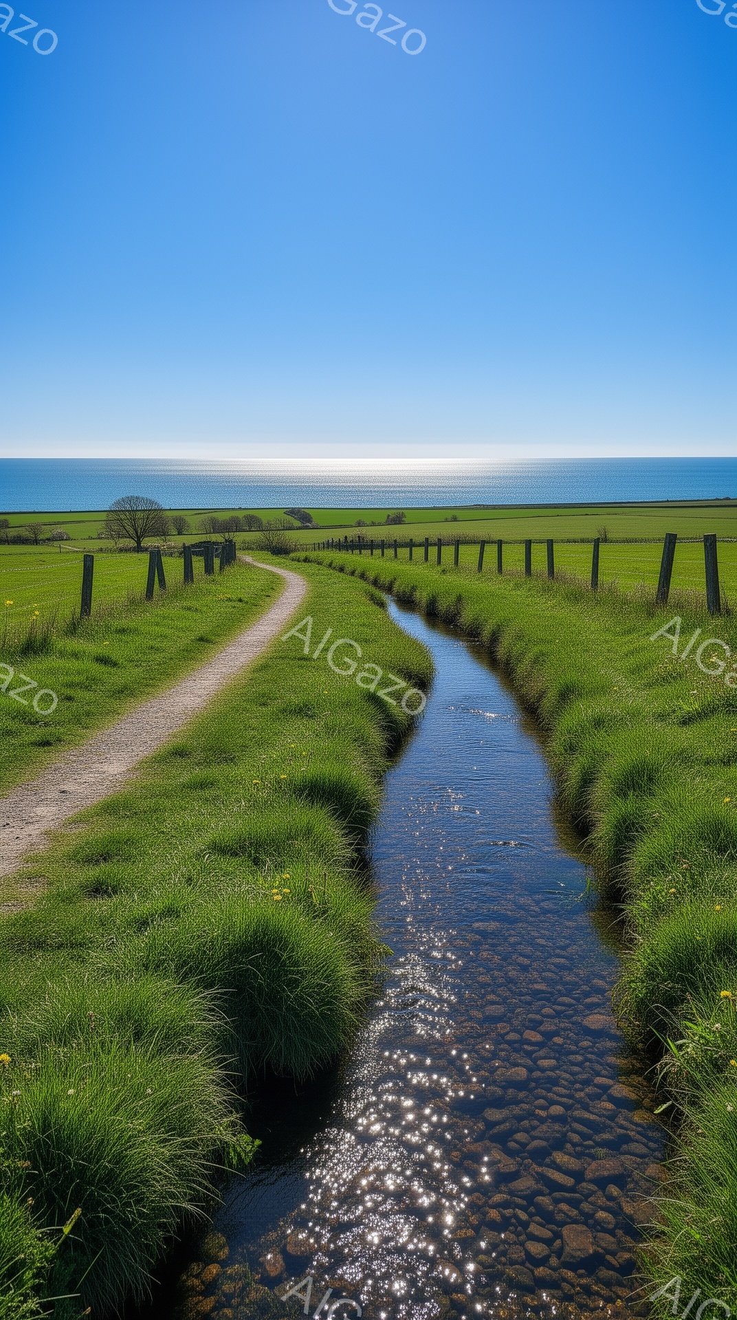 緑豊かな牧草地を、小川が蛇行するように流れており、石の河床が光を反射して輝いている。遠景には、青い空の下、穏やかな海と細い堤防が続き、ところどころに木々が見える。全体的に、穏やかで平和な田園風景が広がっており、晴天の下、自然の美しさを堪能できる雰囲気が漂っている。