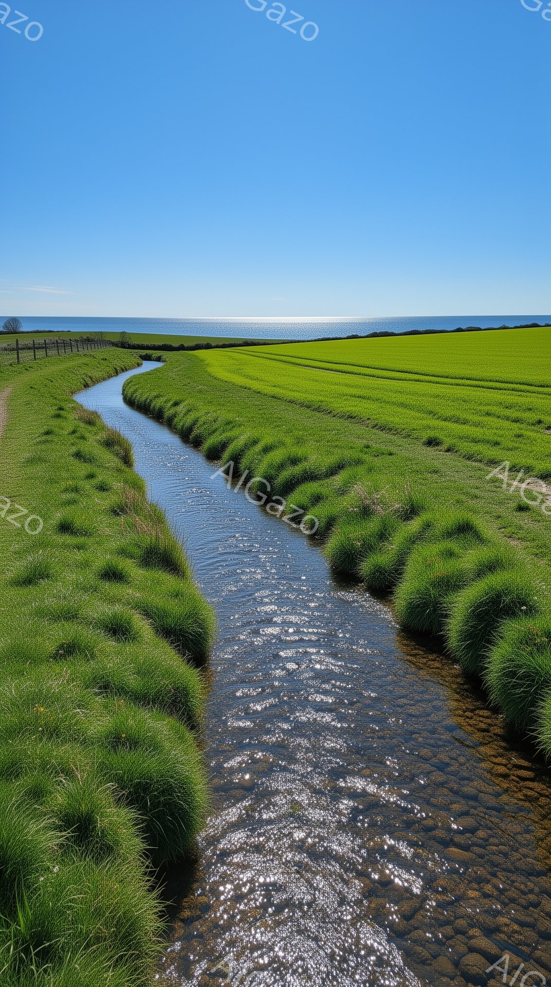 鮮やかな緑の草原の中を、細い水路が蛇行して流れている。水路の両脇には短い草が生い茂り、遠くには青い海と空が広がっている。晴れた日の穏やかな自然の風景で、静けさと安らぎを感じさせる。