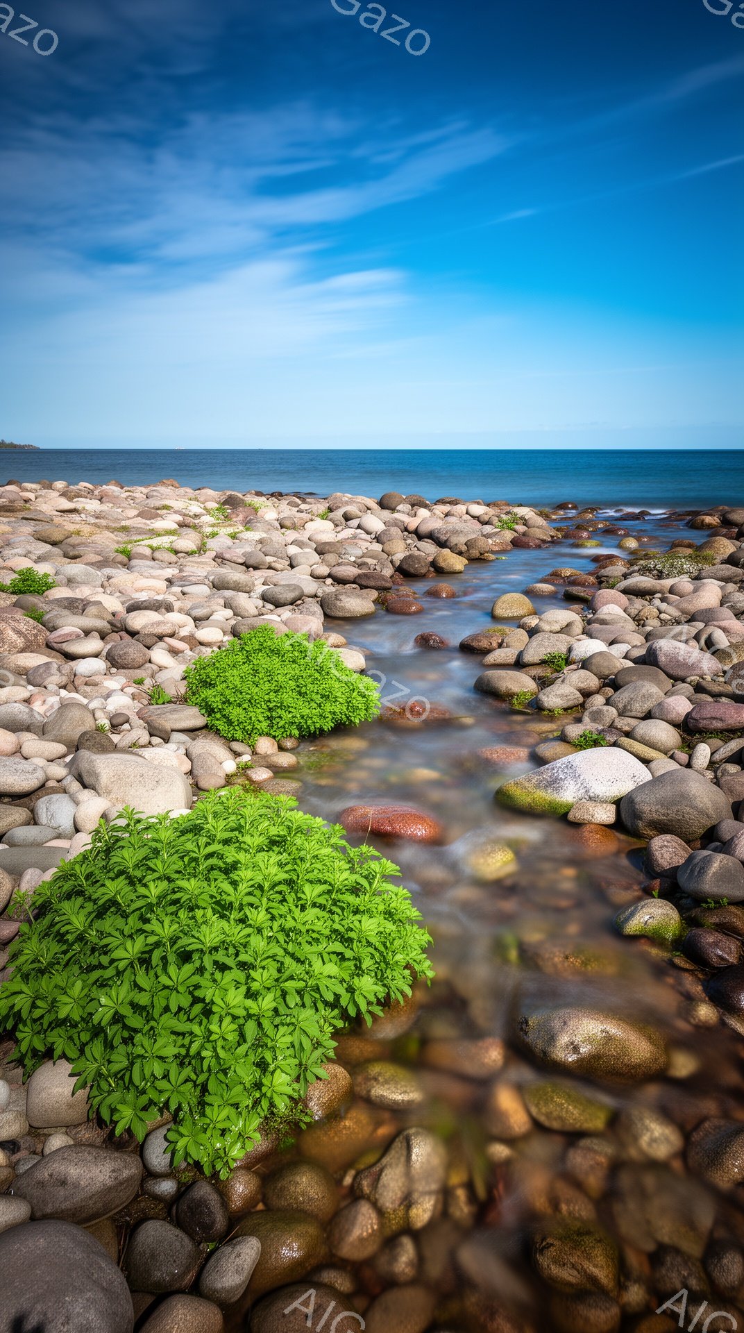 砂利と岩が敷き詰められた浅瀬が、穏やかな青い海へと流れていく風景です。鮮やかな緑色の植物が岩の間に点在し、自然のコントラストを際立たせています。空は白雲が広がり、晴天の下、静かで穏やかな雰囲気を醸し出しています。