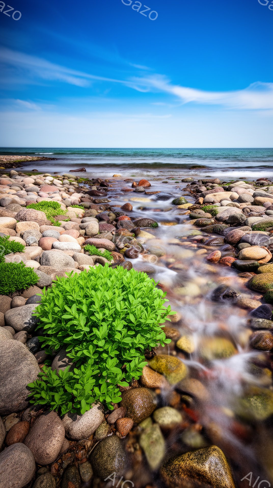 岩が敷き詰められた海岸線に、緑豊かな植物が生えている様子が写っている。水は岩の間を流れ込み、穏やかな海と青い空が背景に広がり、静かで穏やかな雰囲気を醸し出している。植物の鮮やかな緑色が、茶色い岩と青い海のコントラストを際立たせている。