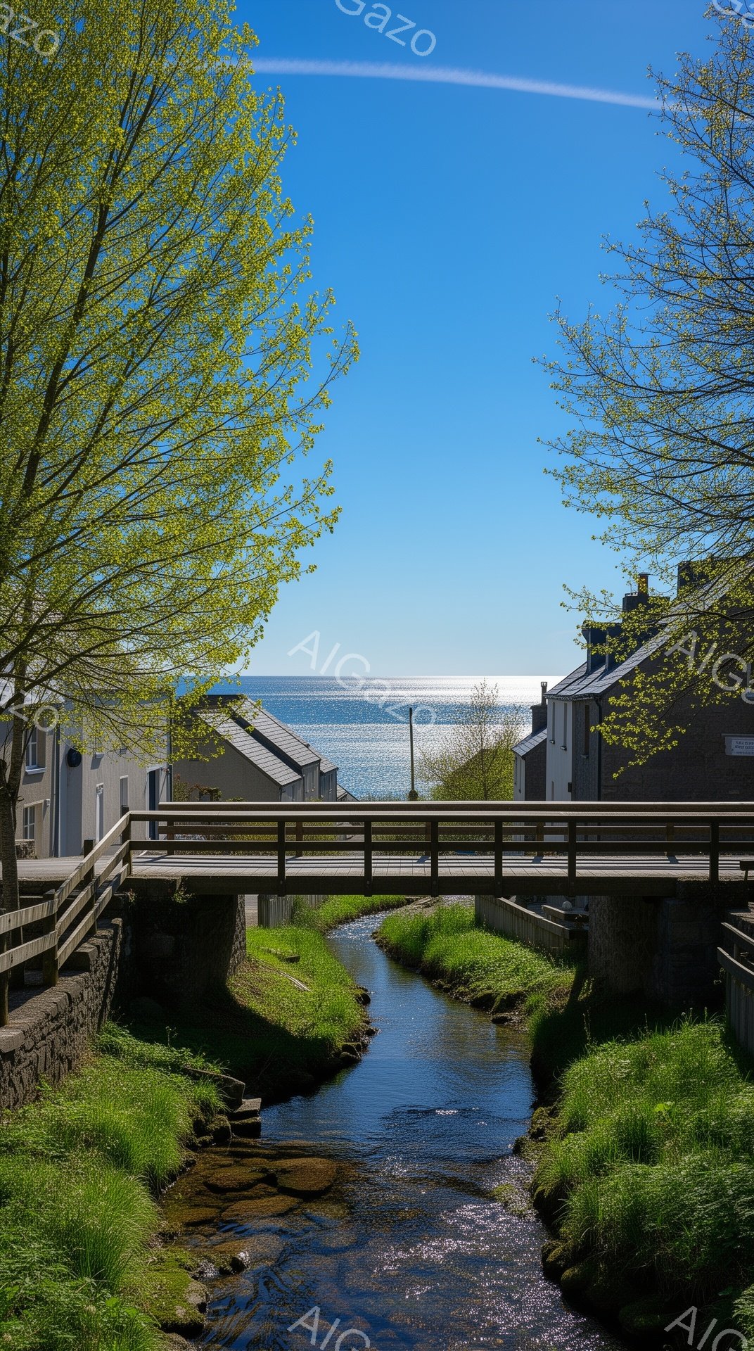 小川が石垣に沿って流れ、木製の橋が架かっている風景です。橋の両脇には草が生い茂り、その先にクリーム色の家々が並び、遠くには青い海が見えます。晴天の下、穏やかで静かな田舎の雰囲気が感じられます。