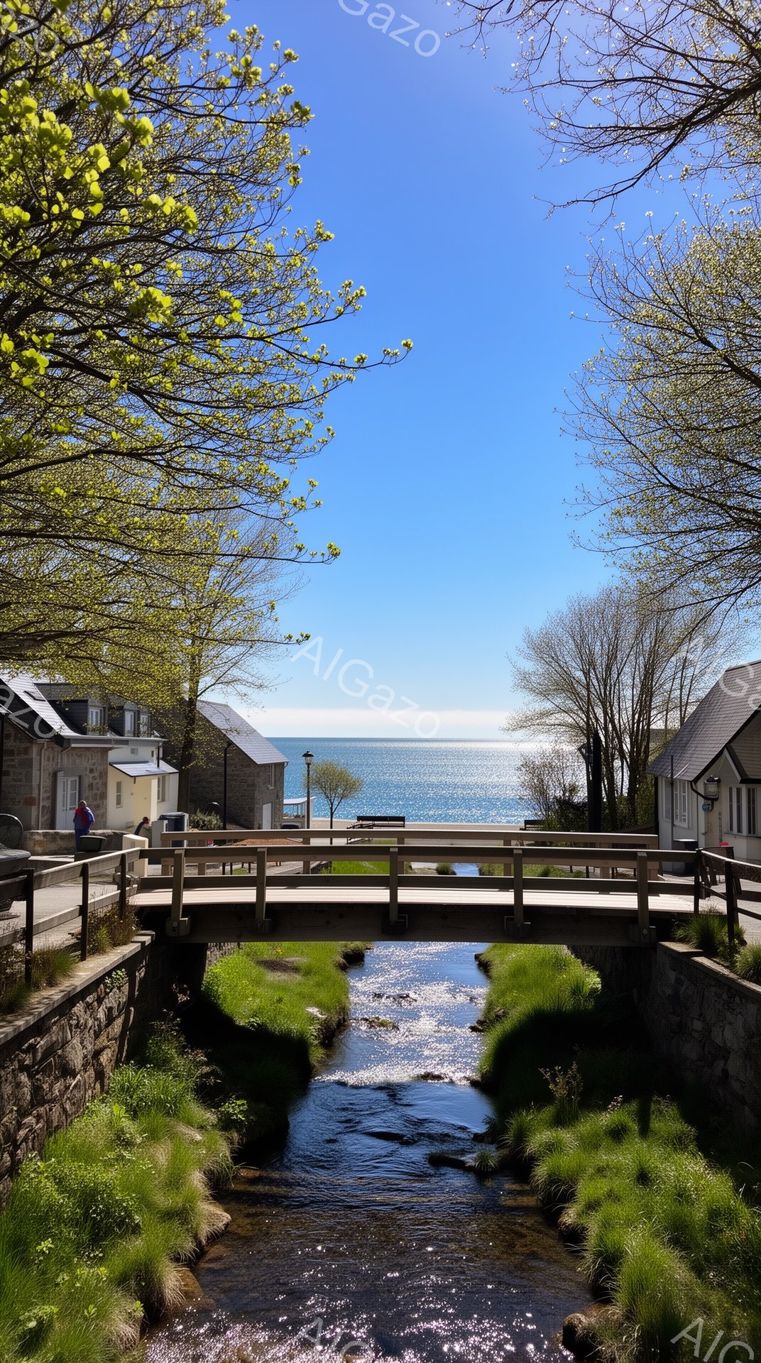 小さな川が石造りの壁に囲まれ、木製の橋が架かっている風景です。背景には白い建物が並び、青く輝く海が広がっています。空は晴れ渡り、周りの木々は新緑の芽吹き始め、穏やかで平和な春の日の雰囲気が伝わってきます。