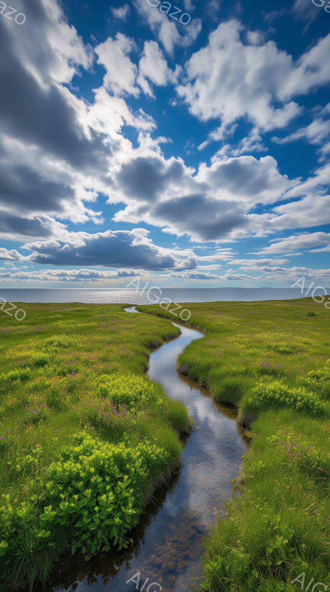 広大な緑の湿原を蛇行する小川が印象的な風景です。空は白雲が広がり、太陽の光が水面に反射してキラキラと輝き、穏やかな雰囲気を醸し出しています。遠くには海が見え、自然豊かな静寂が感じられます。