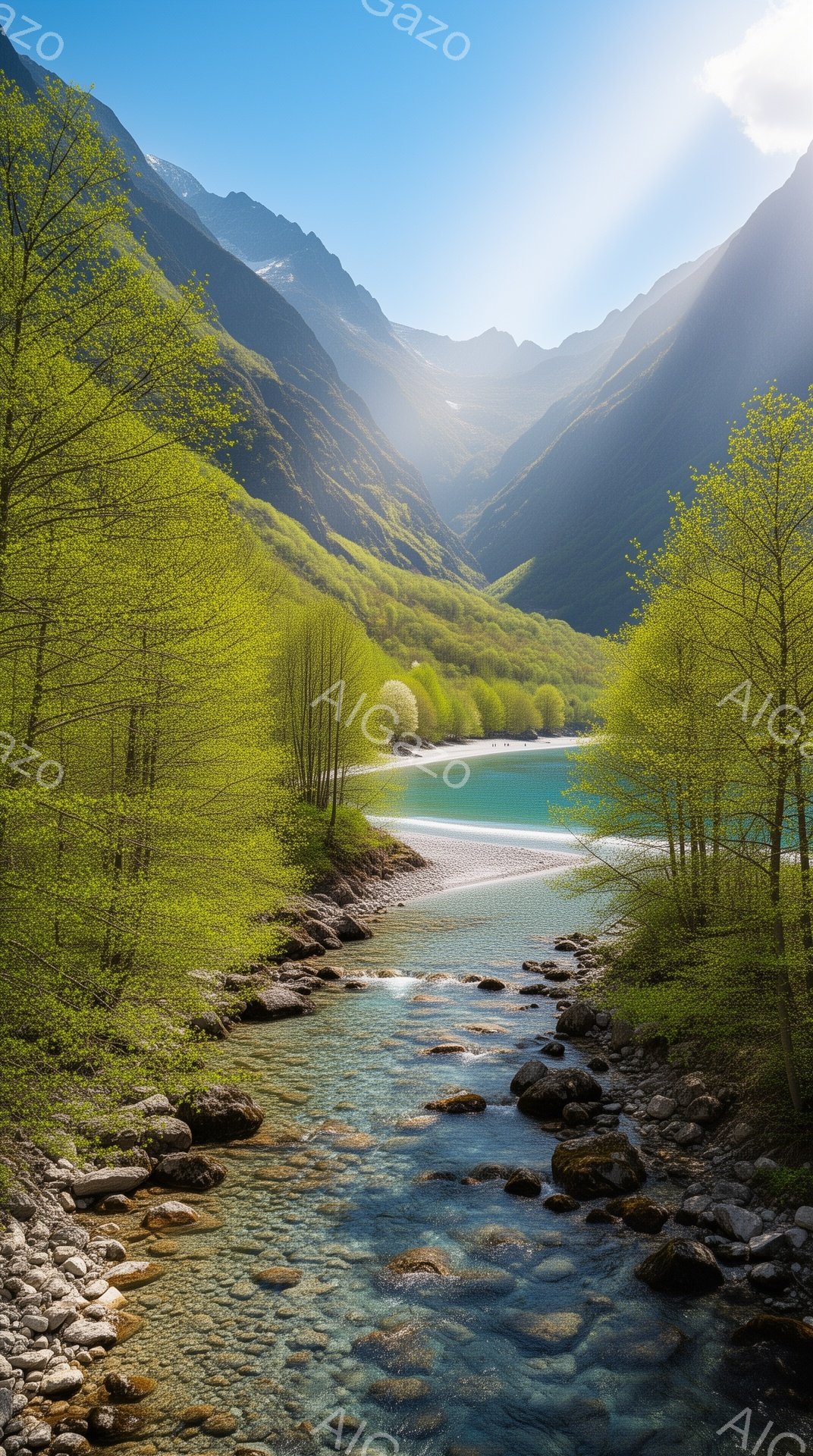 鮮やかな緑の山々に囲まれた、ターコイズブルーの湖と清流が印象的な風景です。湖は山々に抱かれ、清流は丸い石がごろごろとした河床を縫うように流れ、穏やかで静謐な雰囲気を醸し出しています。背景には雪を抱く山 - AI生成フリー素材