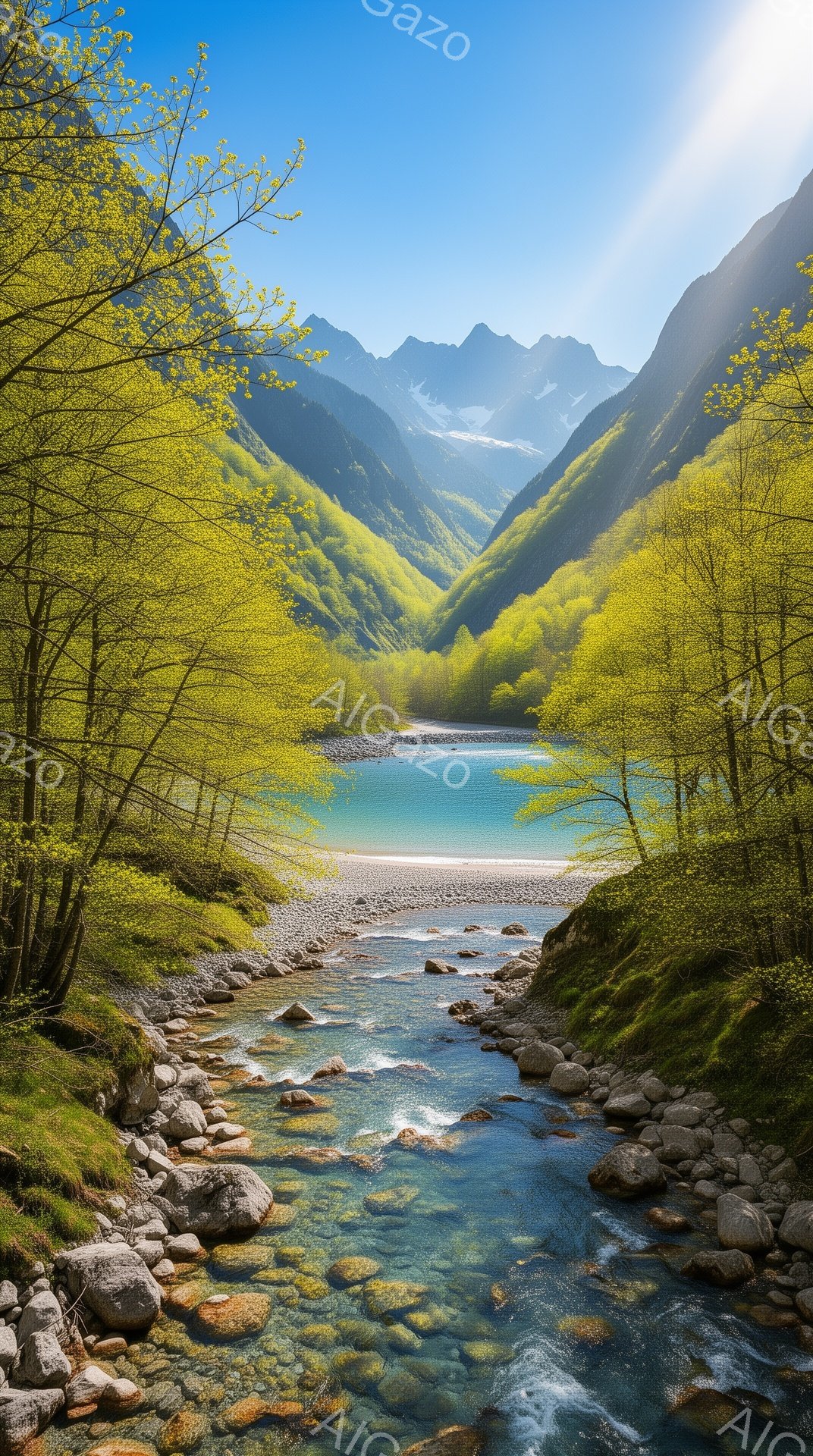 緑豊かな山々に囲まれた、ターコイズブルーの湖へと続く小川が印象的な風景です。湖の周囲は緑の木々が生い茂り、遠くには雪を抱いた山々が見えます。光が差し込み、穏やかで神秘的な雰囲気を醸し出しています。 - AI生成フリー素材