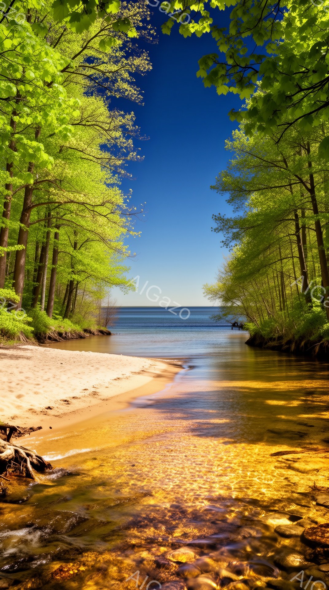 静かな砂浜と澄んだ川が、緑豊かな木々に囲まれて美しい光景を作り出している。川底の小石が水を通して輝き、水面は穏やかで、遠くには青い湖が広がる。全体的に穏やかで平和な雰囲気が漂い、自然の美しさを感じさせ - AI生成フリー素材