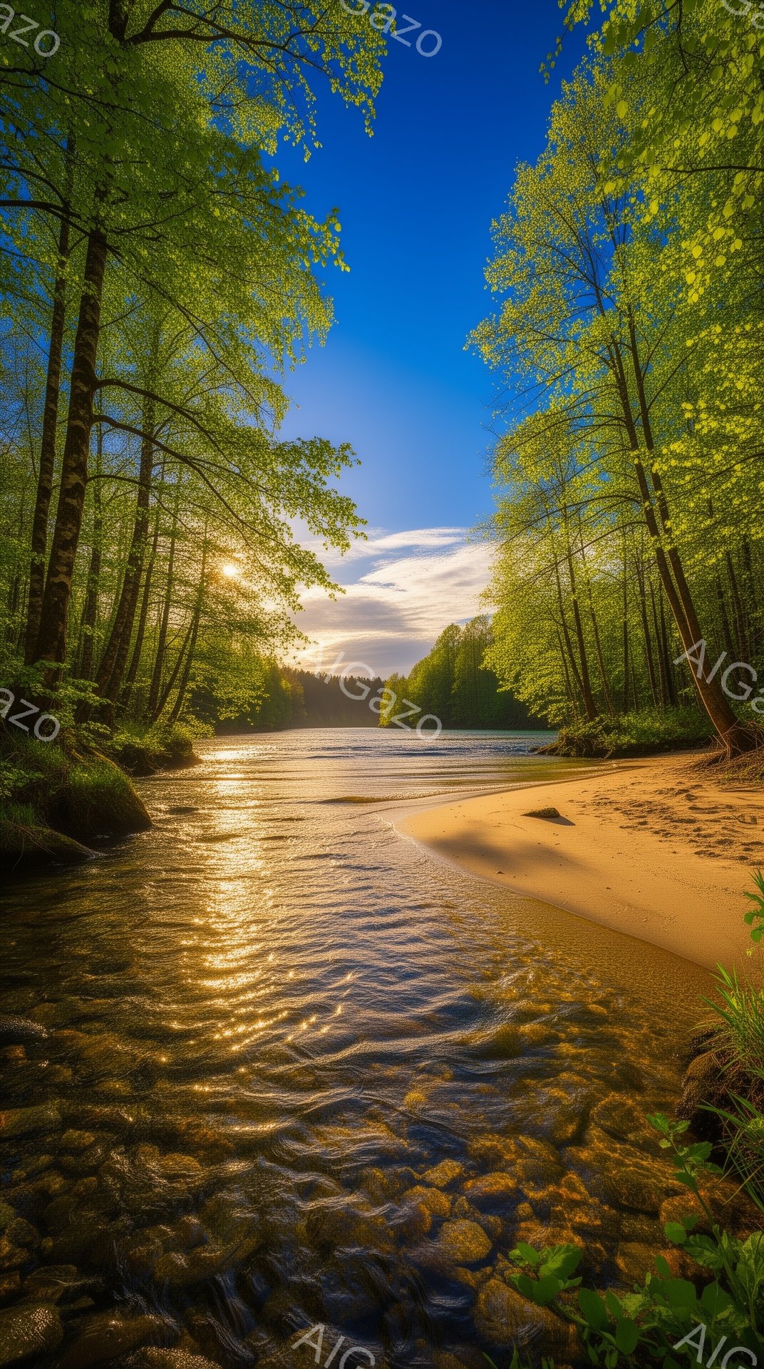 澄んだ小川が岩場を流れ、砂浜へと注ぎ込む風景だ。太陽の光が水面を照らし、キラキラと輝いている。背景には緑豊かな木々が生い茂り、穏やかで平和な雰囲気が漂っている。