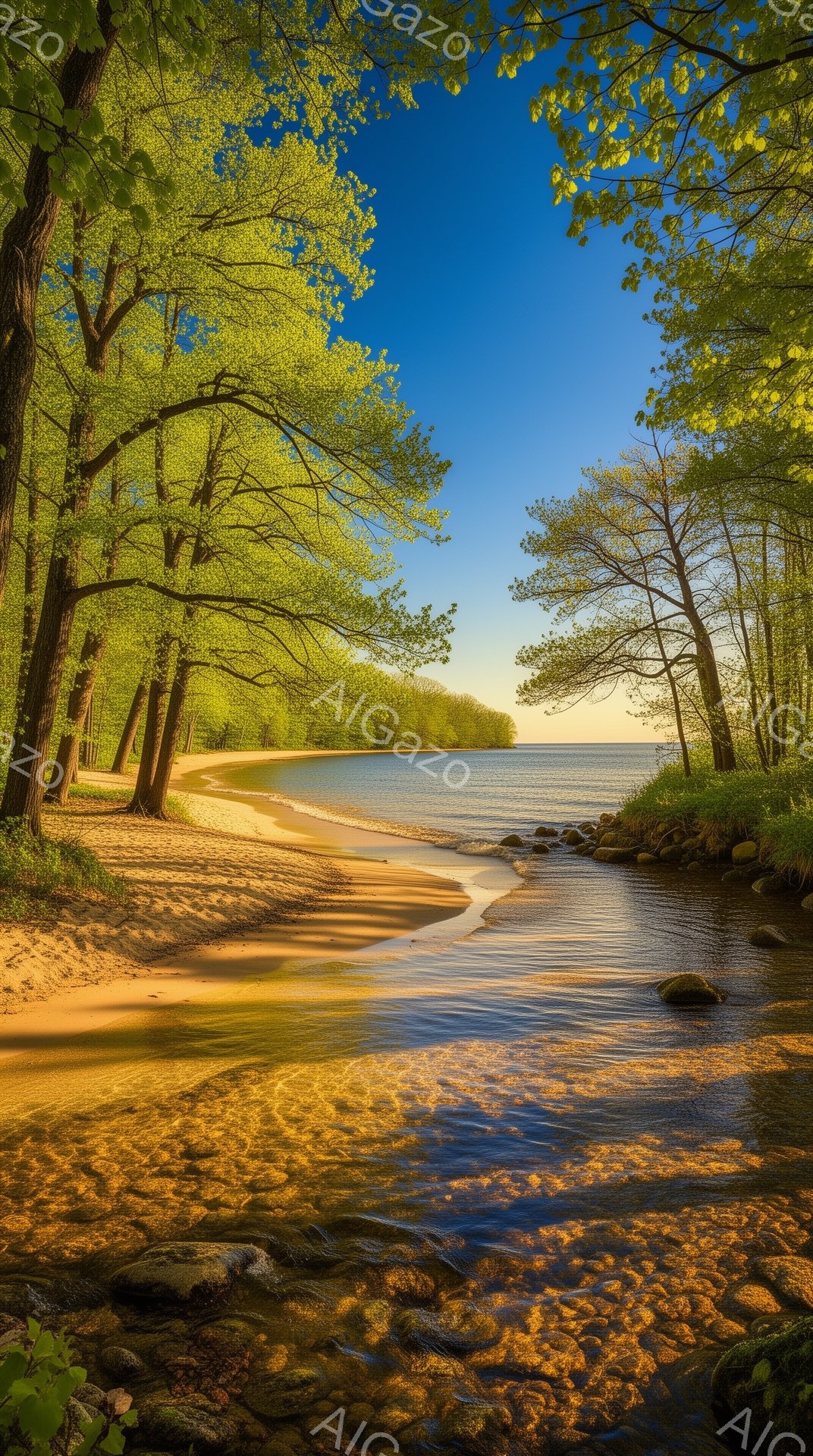 穏やかな日差しが降り注ぐ砂浜と、小石が敷き詰められた水の流れが印象的な風景です。緑豊かな木々が両側から砂浜を囲み、水面には太陽の光が反射してキラキラと輝いています。全体的に穏やかで平和な雰囲気が漂い、 - AI生成フリー素材