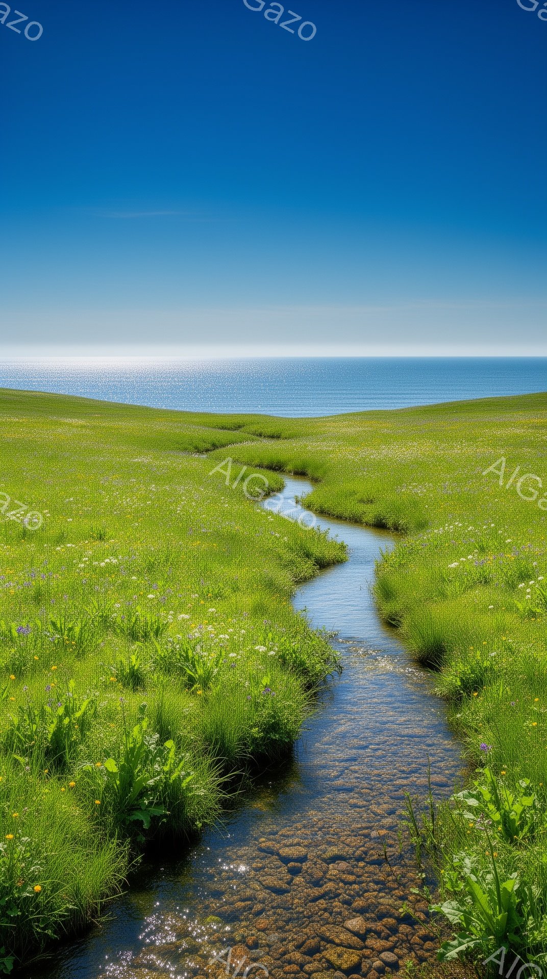 鮮やかな緑色の草地に、細い水路が蛇行して流れており、水は太陽の光を反射してきらめいている。遠くには穏やかな青い海が広がり、空は澄み切った青空が広がっている。全体的に、自然の美しさと静寂が感じられる、平和で穏やかな風景である。