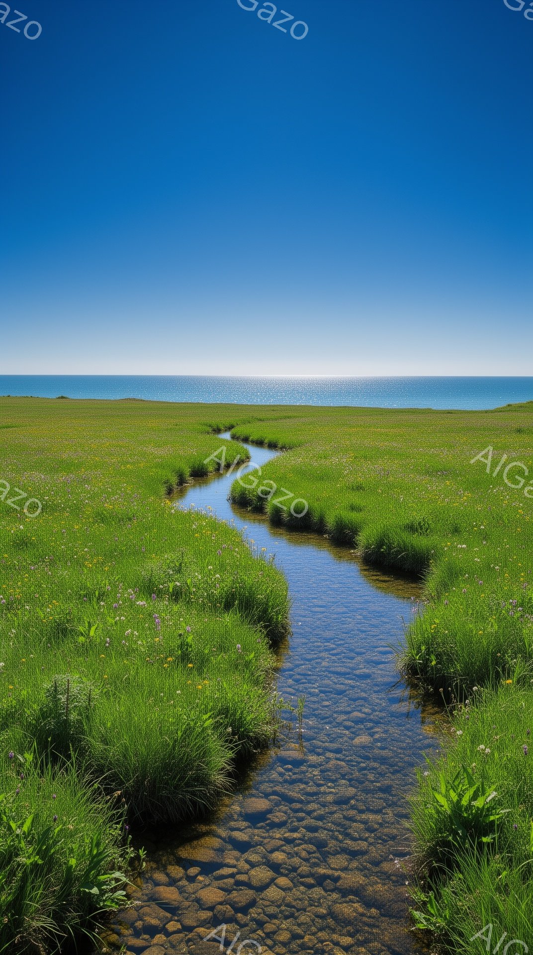 広大な緑の草地を、細い水路が蛇行して流れている。背景には穏やかな海が広がり、澄み切った青空が広がっている。全体的に、自然の静けさと安らぎを感じさせる風景である。