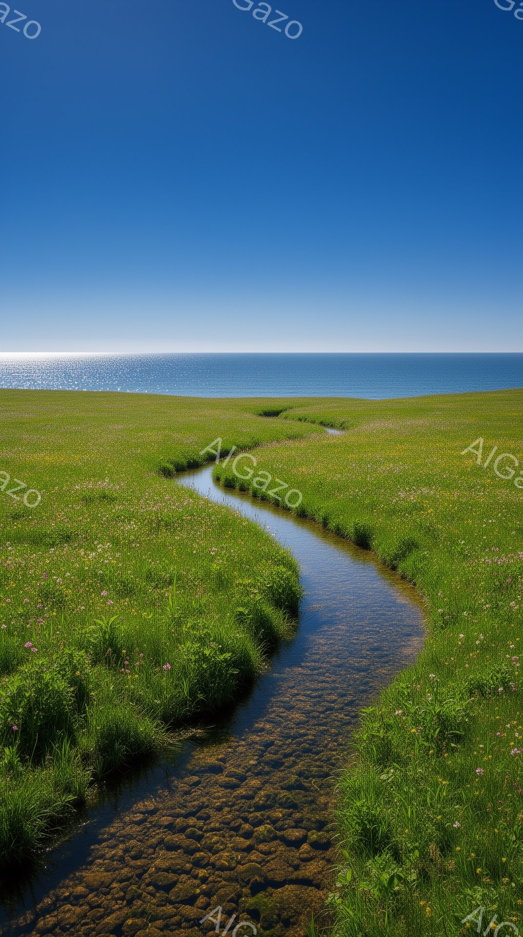 鮮やかな緑色の草原が広がり、細い小川がその中心を蛇行して海へと流れ込んでいる。空は晴れ渡り、深い青色で、海面は太陽の光を反射してキラキラと輝いている。全体的に穏やかで平和な雰囲気で、自然の美しさが際立っている。