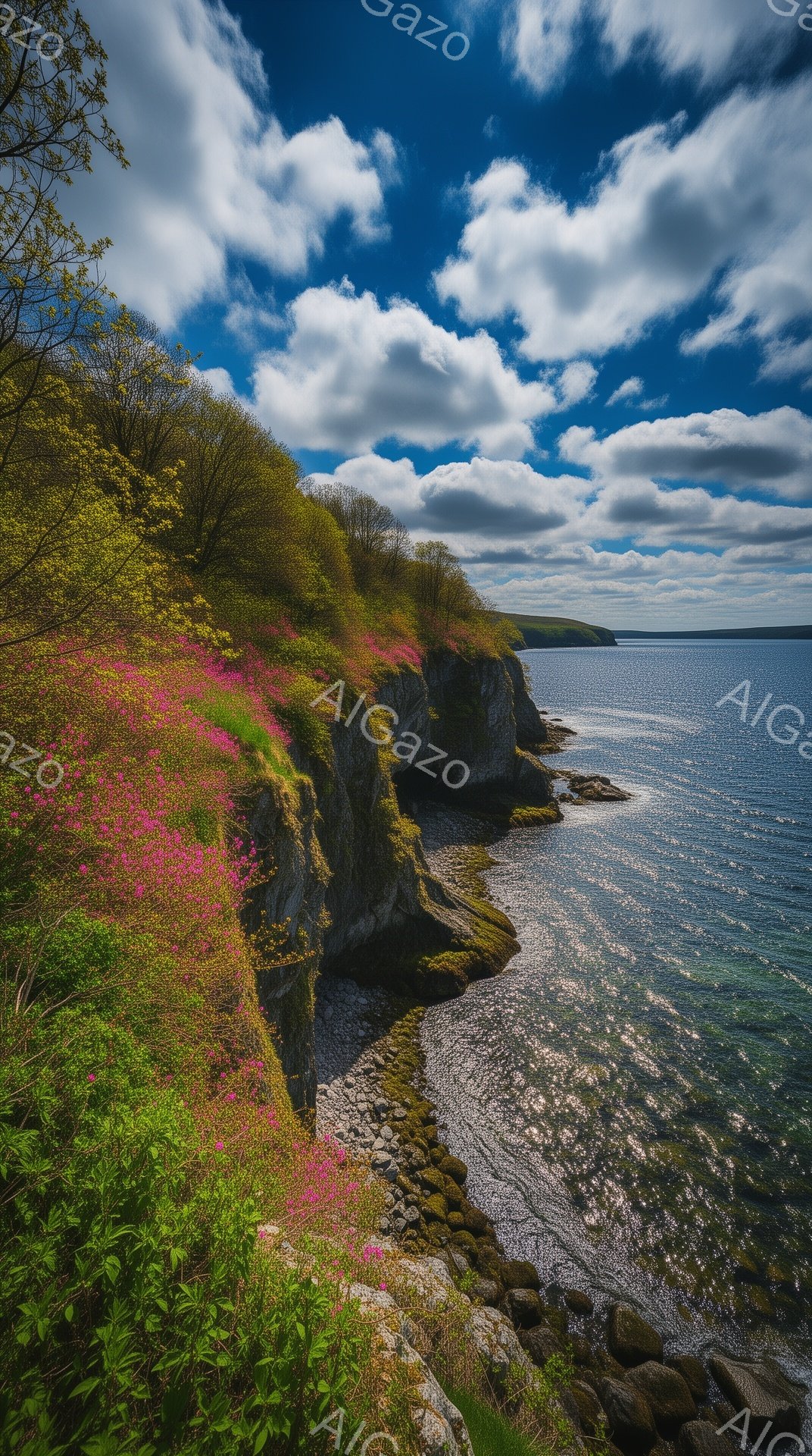 切り立った崖が海へと続く風景で、崖の上にはピンク色の可憐な花々が咲き乱れ、緑豊かな木々が生い茂っている。太陽の光が海面を照らし、キラキラと輝き、空には白い雲が浮かび、穏やかで美しい雰囲気を醸し出している。荒々しい岩肌と柔らかな花々のコントラストが印象的で、自然の力強さと優しさが感じられる。