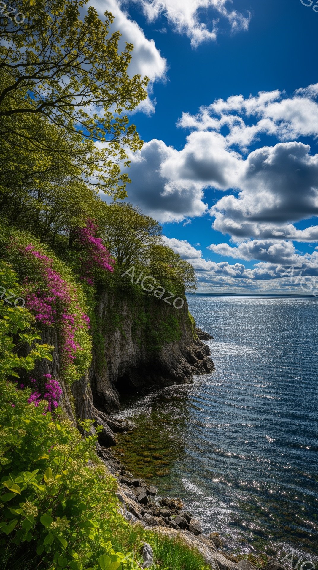 断崖絶壁の海岸線が、輝く海と空の下に広がっている。崖には緑が生い茂り、鮮やかなピンク色の花が咲き誇り、春の息吹を感じさせる。海面は太陽の光を反射し、きらきらと輝き、穏やかな波が岸辺に打ち寄せている。