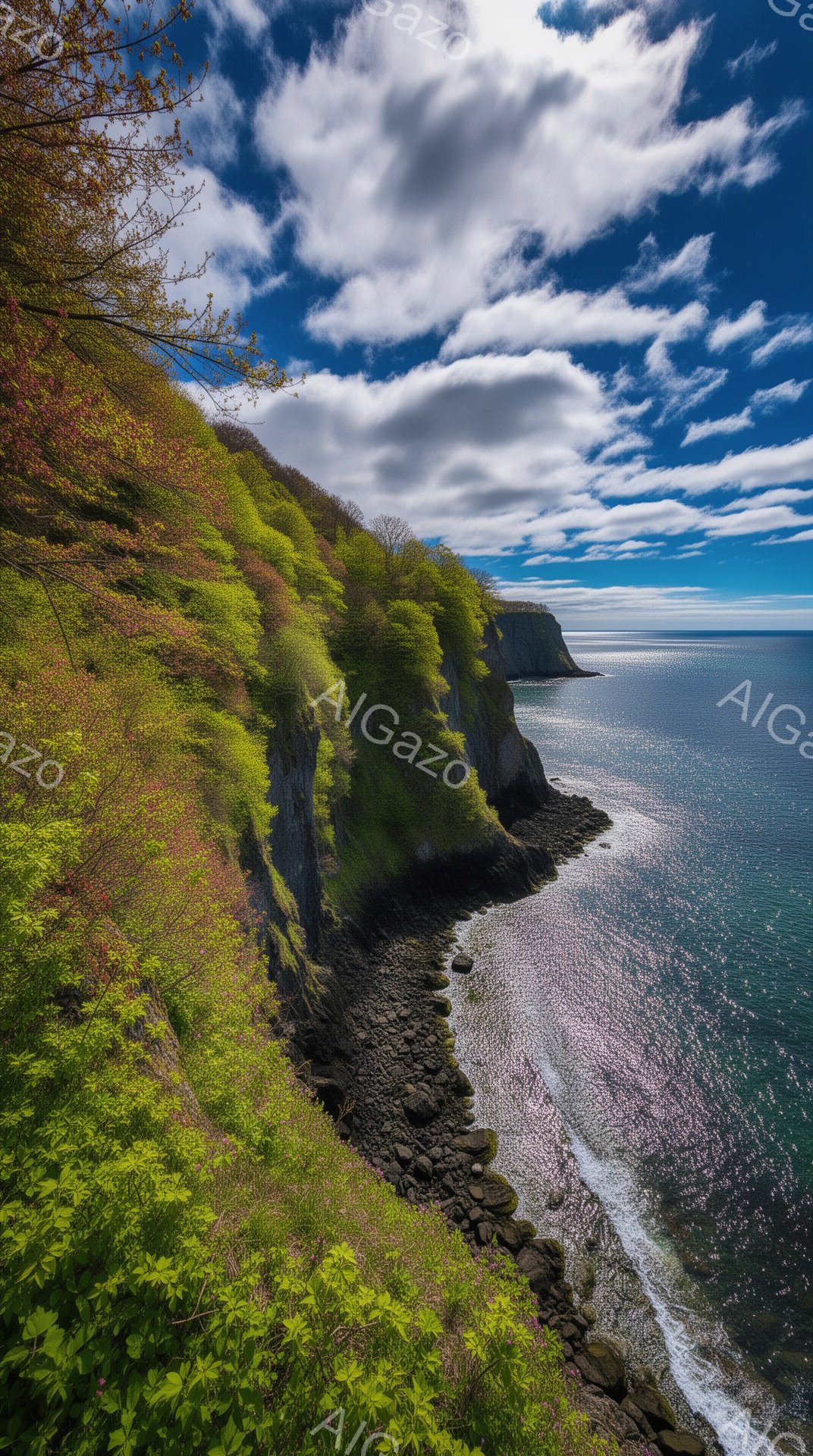 岩だらけの海岸線が、緑豊かな崖に沿って伸びています。鮮やかな緑と赤みがかった新芽が崖を覆い、穏やかな波が打ち寄せるビーチと、青く広がる海が広がっています。空は、白い雲が点在する晴天で、自然の美しさが際立っています。