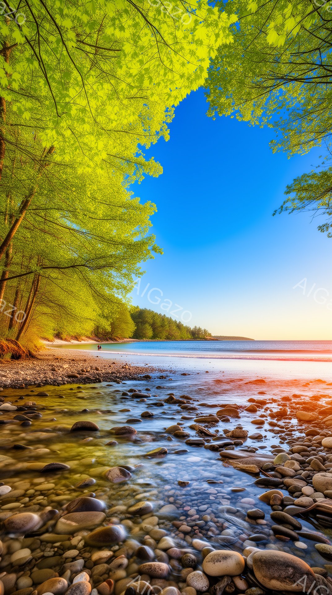 岩石の多い浅瀬が広がり、穏やかな水面が夕焼けに照らされて赤とオレンジのグラデーションを描いている。遠くの海岸線には木々が生い茂り、数人の人物が散歩を楽しんでいるようだ。全体的に穏やかで平和な雰囲気で、自然の美しさを強調している。
