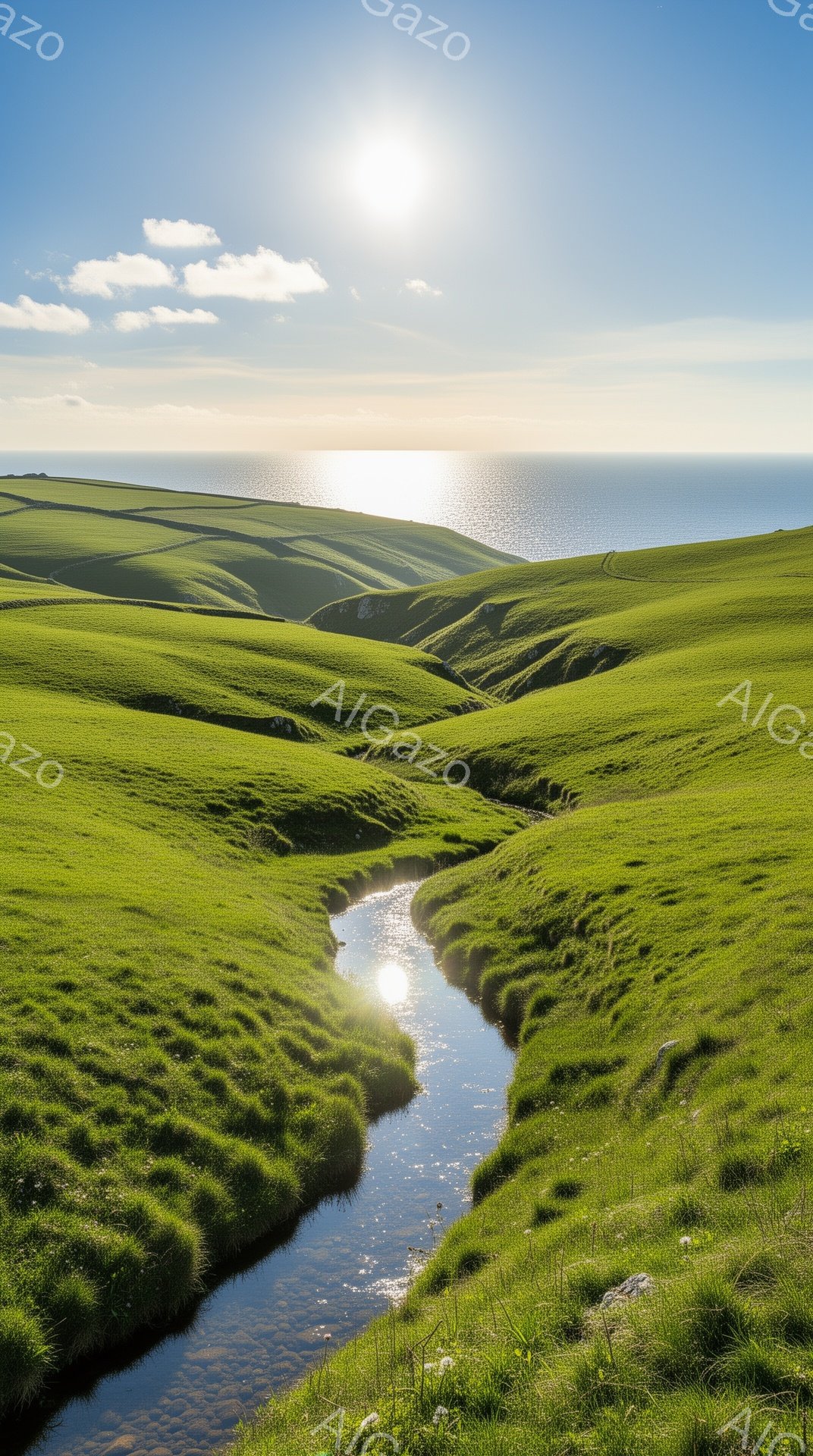 緑豊かな丘陵地帯を、細い水路が蛇行して流れている風景です。丘は鮮やかな緑色で覆われ、遠くには輝く海が広がっています。晴天で、太陽の光が水面や丘陵に反射し、穏やかで平和な雰囲気を醸し出しています。