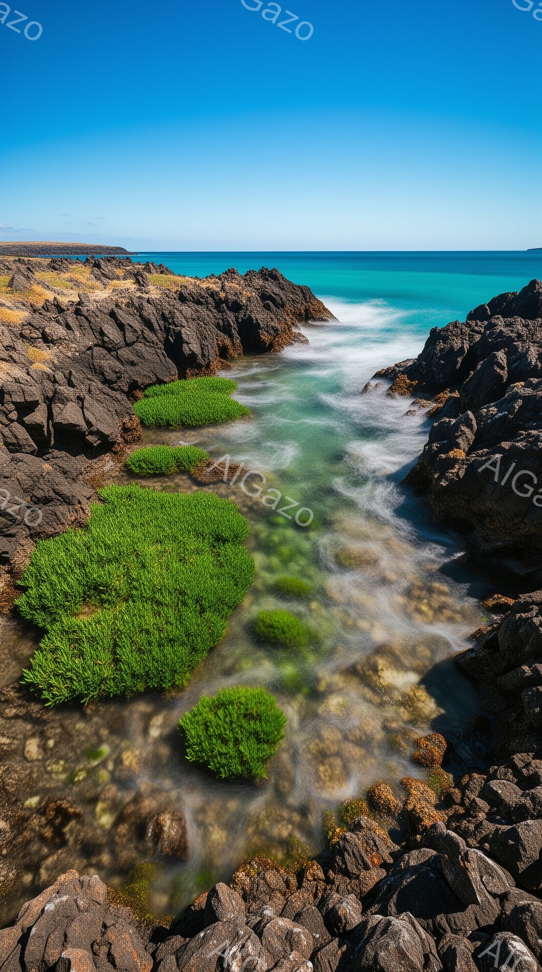 漆黒の岩場を縫うように、エメラルドグリーンの水が流れ込んでいる様子が印象的な風景です。水面は流れるように白くぼやけ、周囲の緑豊かな草木と対照的で、静かで穏やかな雰囲気を醸し出しています。空は鮮やかな青色で、太陽光が水面と岩肌を照らし、自然の力強さと美しさを感じさせます。
