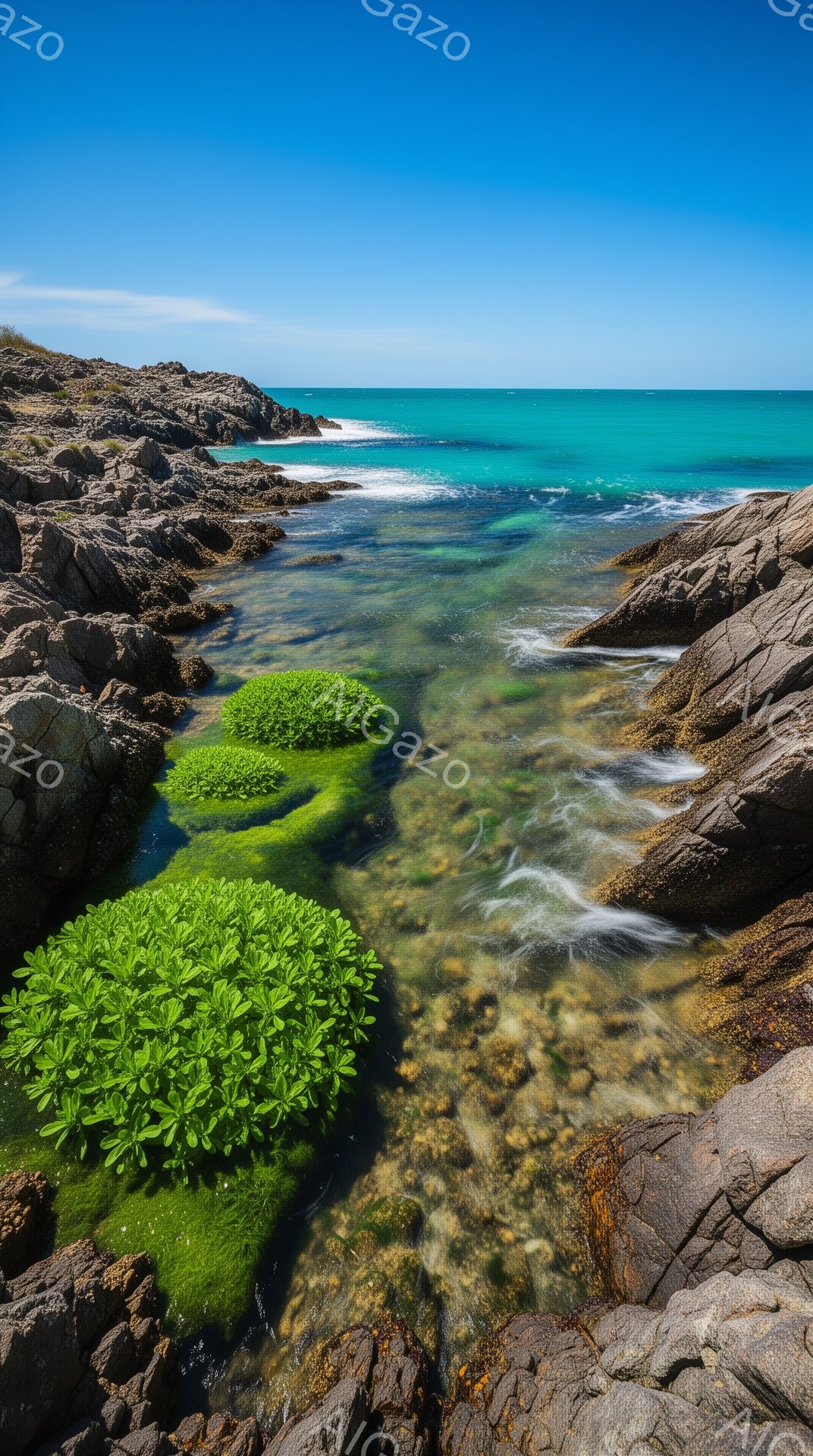 岩だらけの海岸線に沿って澄んだ水が流れる様子が描かれています。鮮やかな緑色の植物が岩の間に点在し、透明な水面と対照的なコントラストを生み出しています。晴天の下、エメラルドグリーンの海が広がり、穏やかで自然豊かな雰囲気を醸し出しています。