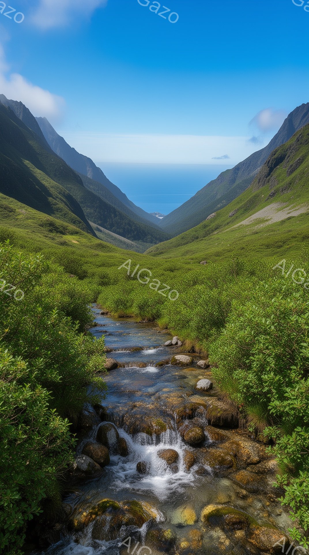 緑豊かな谷間に小川が流れ、遠くには青い海と山々が広がっています。川岸には緑の草木が生い茂り、水面は太陽の光を浴びてキラキラと輝いています。澄んだ空気と穏やかな水の音は、自然の静けさと美しさを感じさせま - AI生成フリー素材
