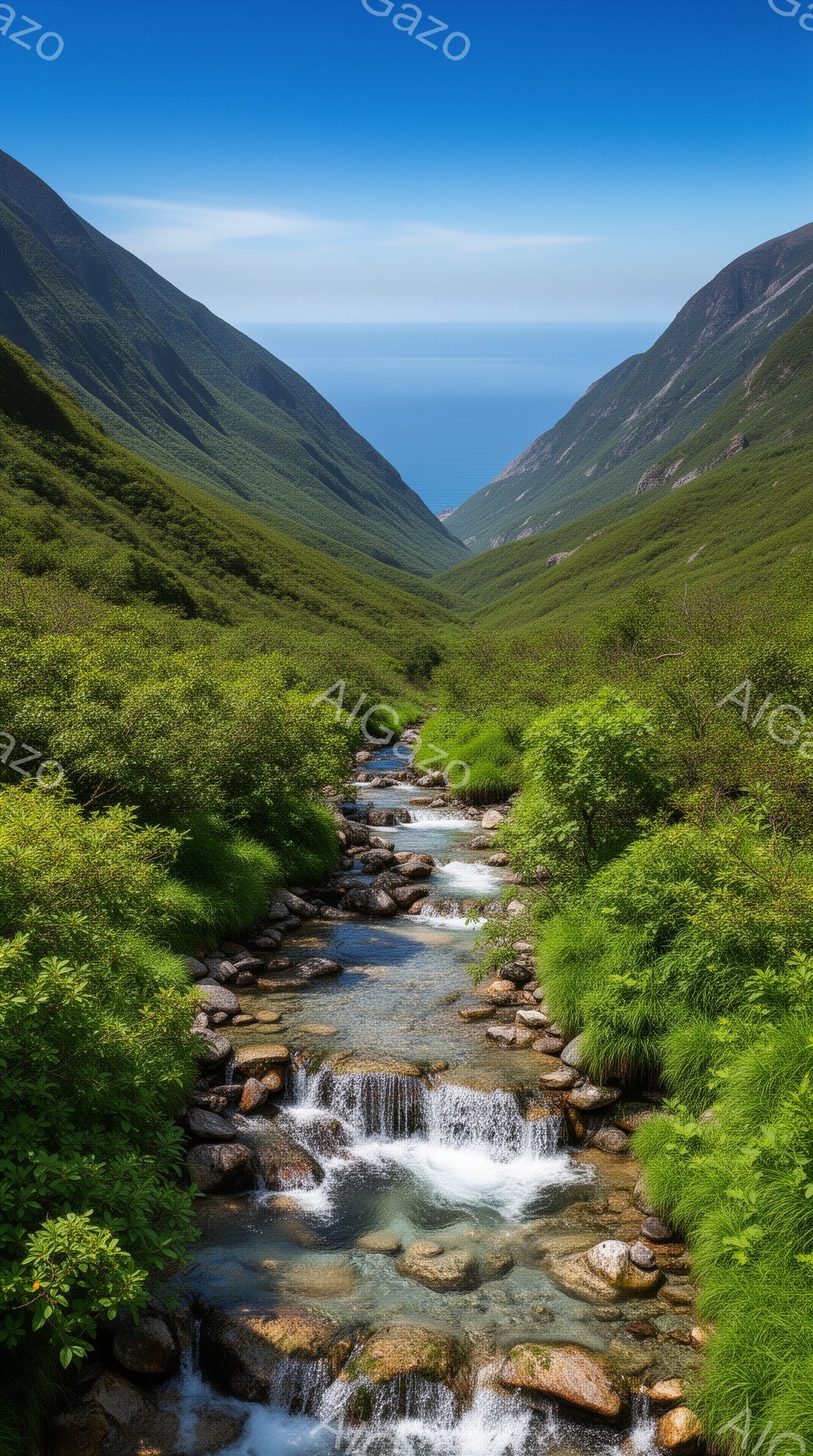 鮮やかな緑の草木が生い茂る渓谷を、清らかな流れが抜けていく様子が捉えられています。両脇には岩肌がそびえ立ち、遠くには青い海が見え、澄み切った青空が広がっています。全体的に、自然の美しさと静寂、そして生命力に満ちた雰囲気を感じさせます。