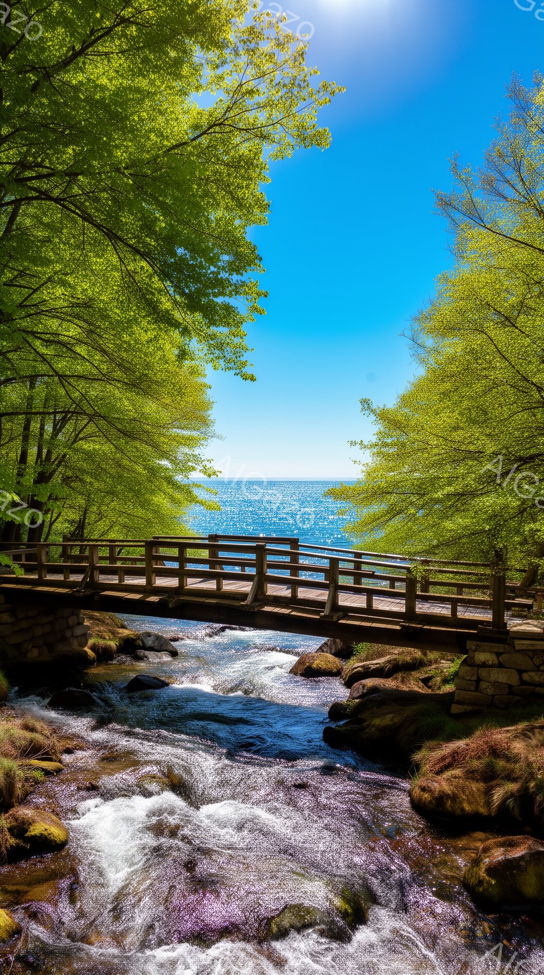 鮮やかな緑の木々に囲まれた小川にかかる木製の橋が印象的な風景です。水面は太陽の光を反射してキラキラと輝き、背景には青い湖が広がっています。全体的に、穏やかで自然豊かな雰囲気が感じられます。 - AI生成フリー素材