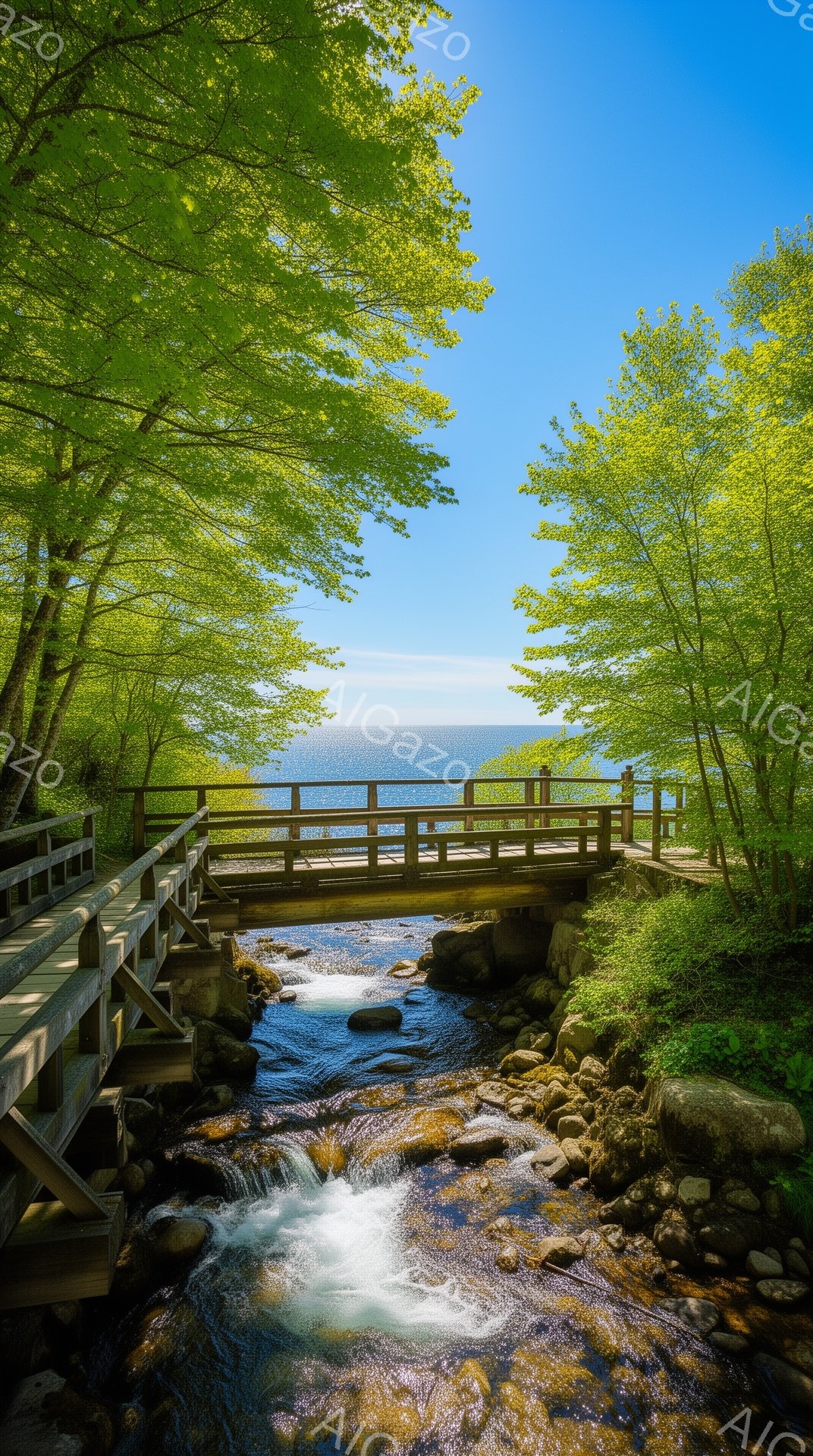 小さな木製の橋が、岩の間を流れる澄んだ流れの真上を横切っている風景です。緑豊かな木々が橋をフレームのように囲み、遠くには青い海が見えます。日差しが暖かく、水が輝き、穏やかで自然な雰囲気が漂っています。 - AI生成フリー素材