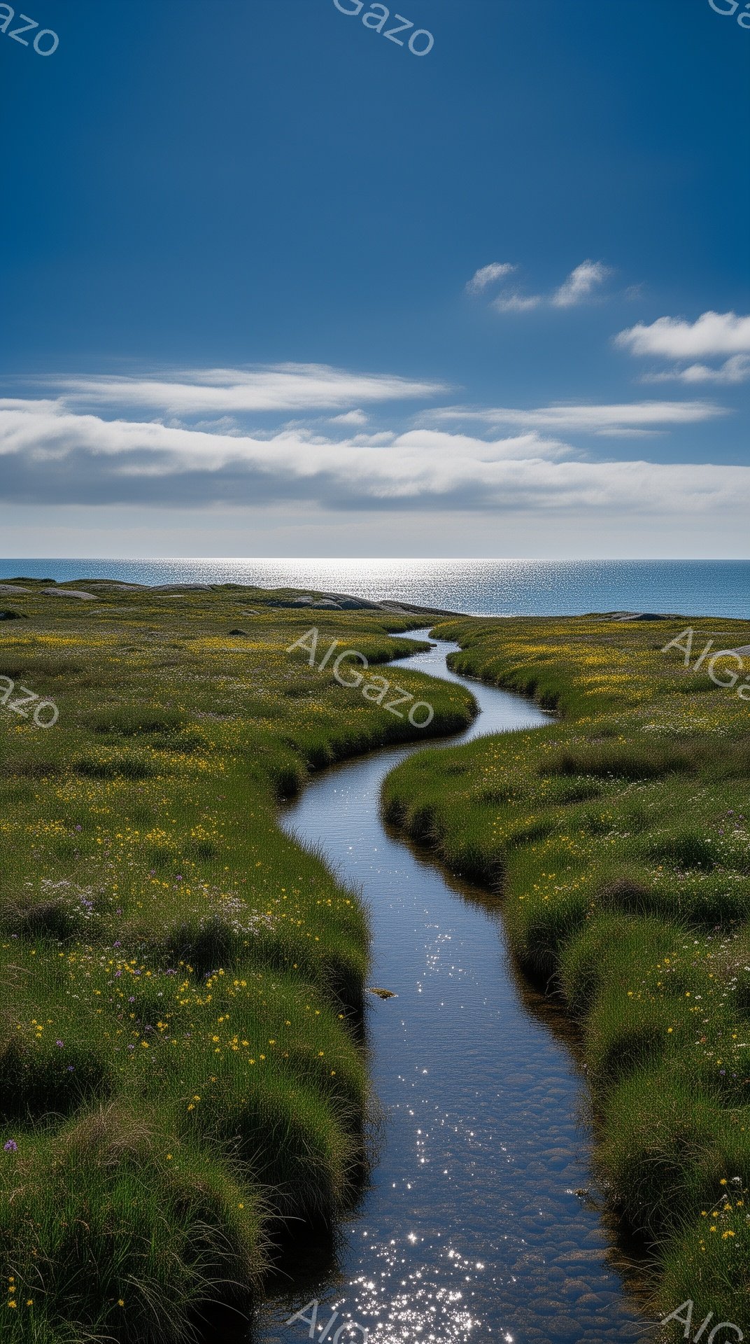 広大な緑の草原の中に、蛇行する小川が輝く太陽の光を受けて流れている。遠くには青い海が広がり、白い雲が空を漂っている、穏やかで平和な風景だ。黄色と紫の野花が草原を彩り、自然の美しさを強調している。 - AI生成フリー素材