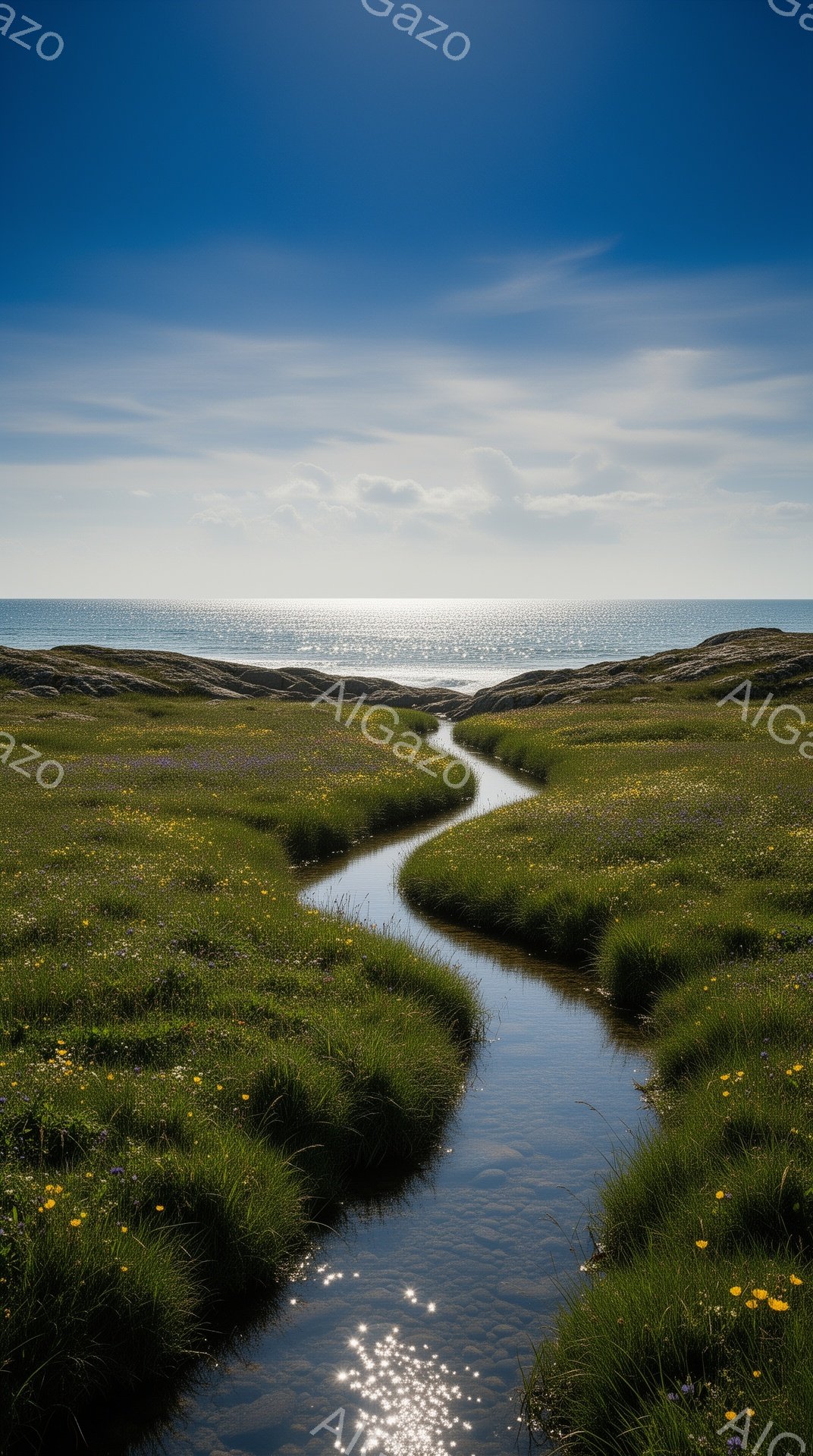 緑豊かな草原の中を蛇行する小川が印象的な風景です。遠くには穏やかな青い海と、その海に向かって広がる緑の丘が見えます。空は明るい青空で、雲がわずかに浮かび、全体的に静かで平和な雰囲気が漂っています。 - AI生成フリー素材