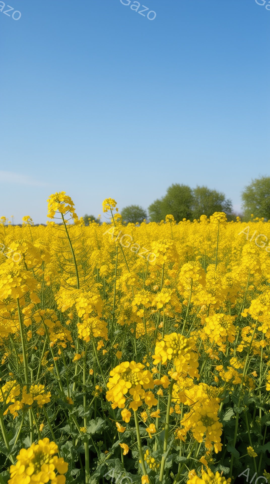 広大な菜の花畑が鮮やかな黄色で覆われ、春の陽光の下で咲き乱れている。背景には緑の木々が並び、澄み切った青空が広がり、穏やかで明るい雰囲気を醸し出している。花畑は手前に密集し、奥へ向かうにつれて視界が開ける構図となっている。