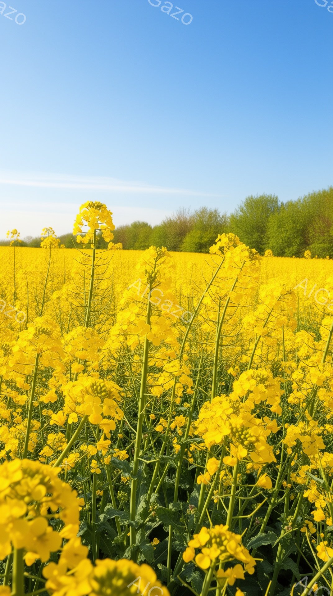 広大な菜の花畑が写っており、鮮やかな黄色い花が密集して咲き誇っています。遠景には緑の木々が並び、晴れた青空の下、春の穏やかな雰囲気が広がっています。手前に咲く花はピントが合っており、背景に向かうにつれてぼやけていくことで奥行きが強調されています。
