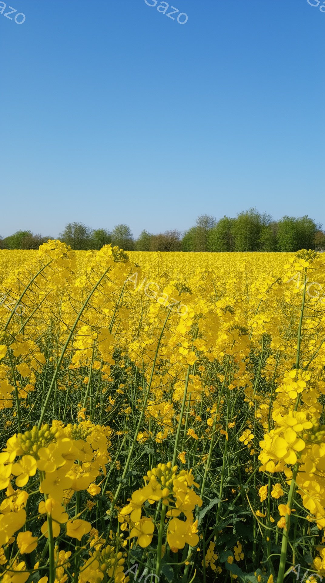 広大な菜の花畑が写っており、鮮やかな黄色い花が密集して咲き誇っています。遠景には緑の木々が並び、背景には澄み切った青空が広がっています。全体的に明るく、春の訪れを感じさせる穏やかな雰囲気です。