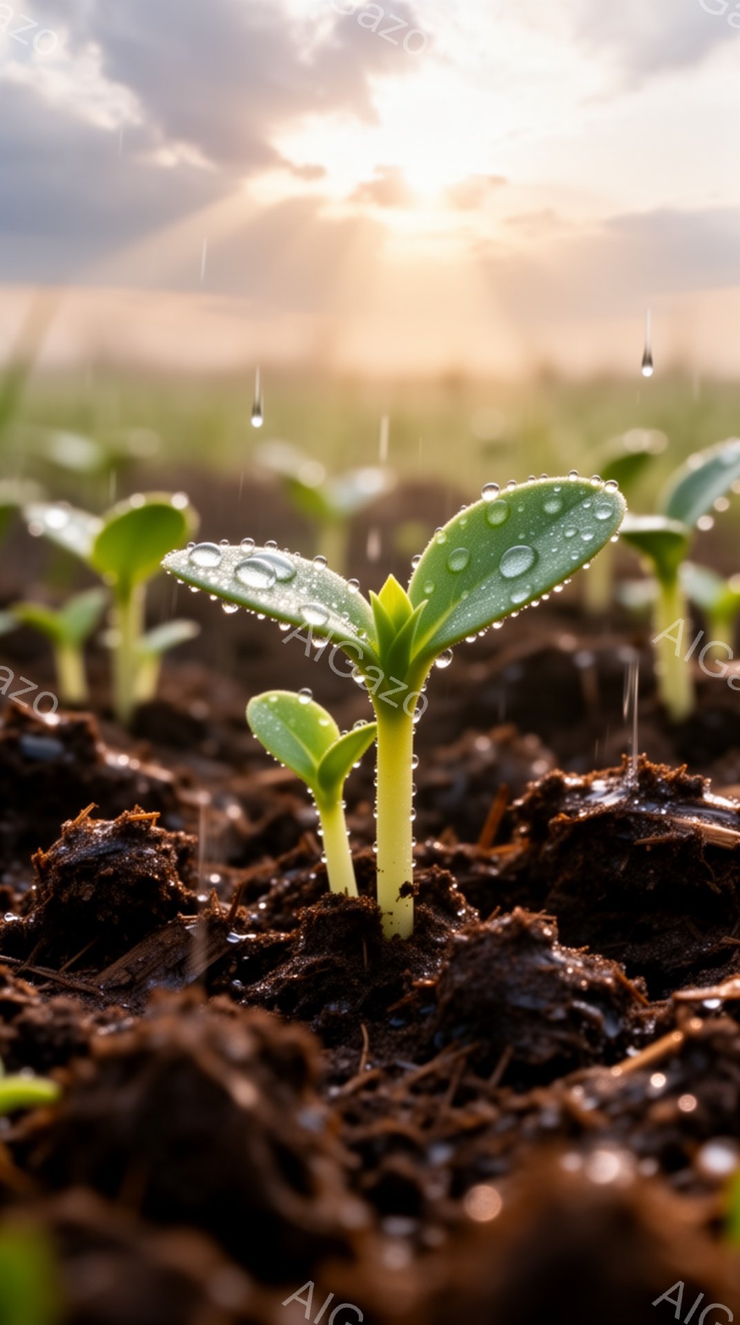 湿った土から新しく芽が出ている様子が捉えられています。丸く輝く水滴が葉っぱに付着し、柔らかい光が背景から差し込み、芽を照らしています。土の質感と水滴の輝きが、生命の息吹と希望を感じさせる雰囲気を作り出 - AI生成フリー素材